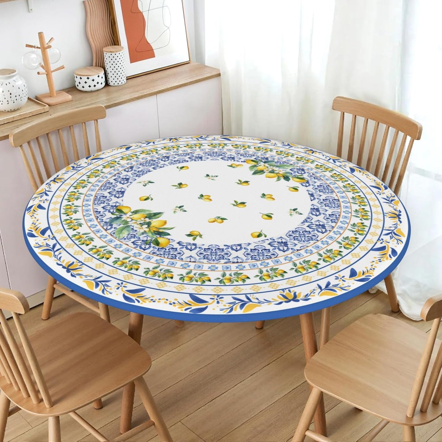 Mantel redondo ajustado con borde elástico color azul y amarillo para mesa de 40 a 44 pulgadas