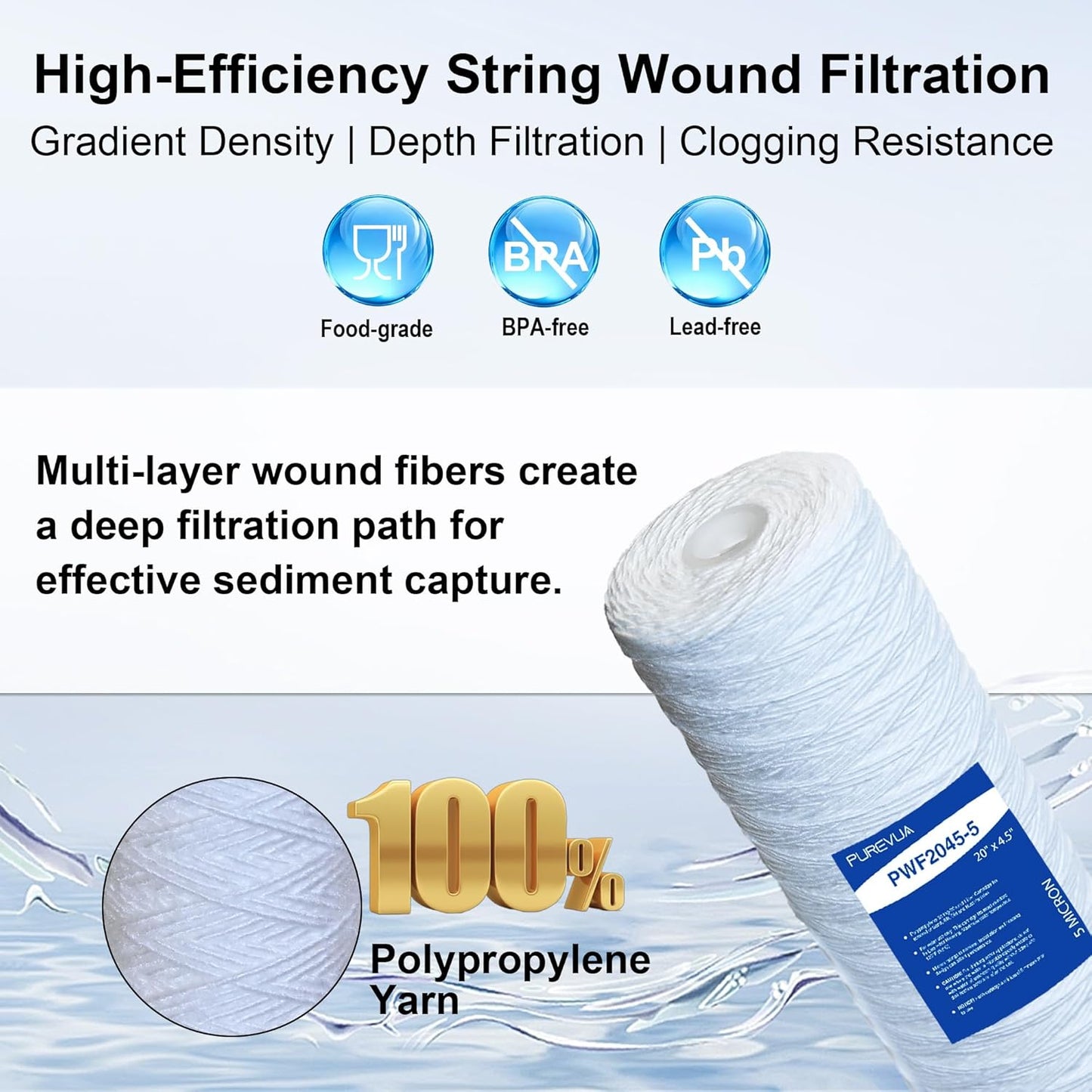 Filtro sedimento cuerda 20micrones 20x4.5pulg para agua de pozo