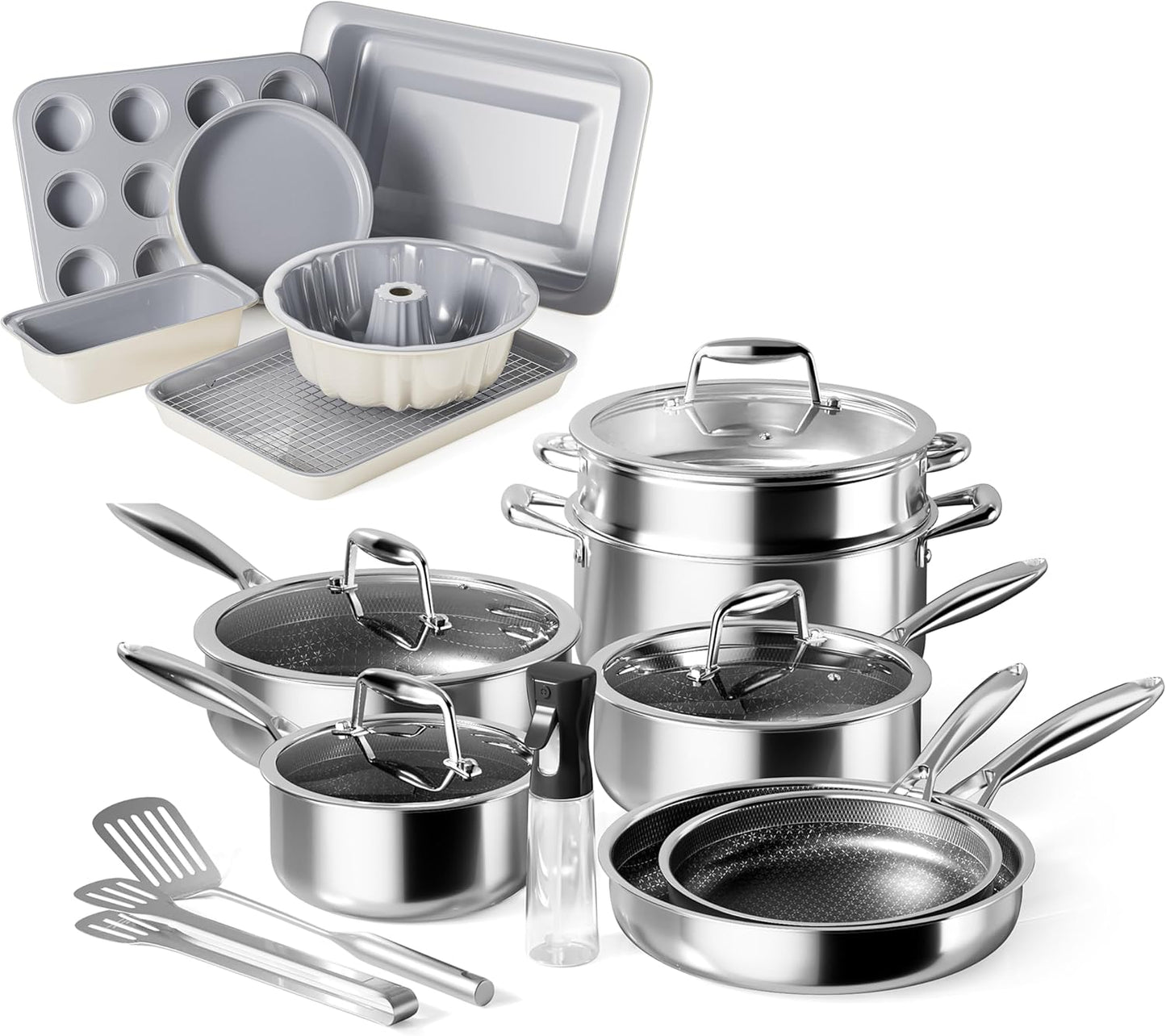 Juego Utensilios Cocina Acero Inox Triple Capa Con Vaporizador