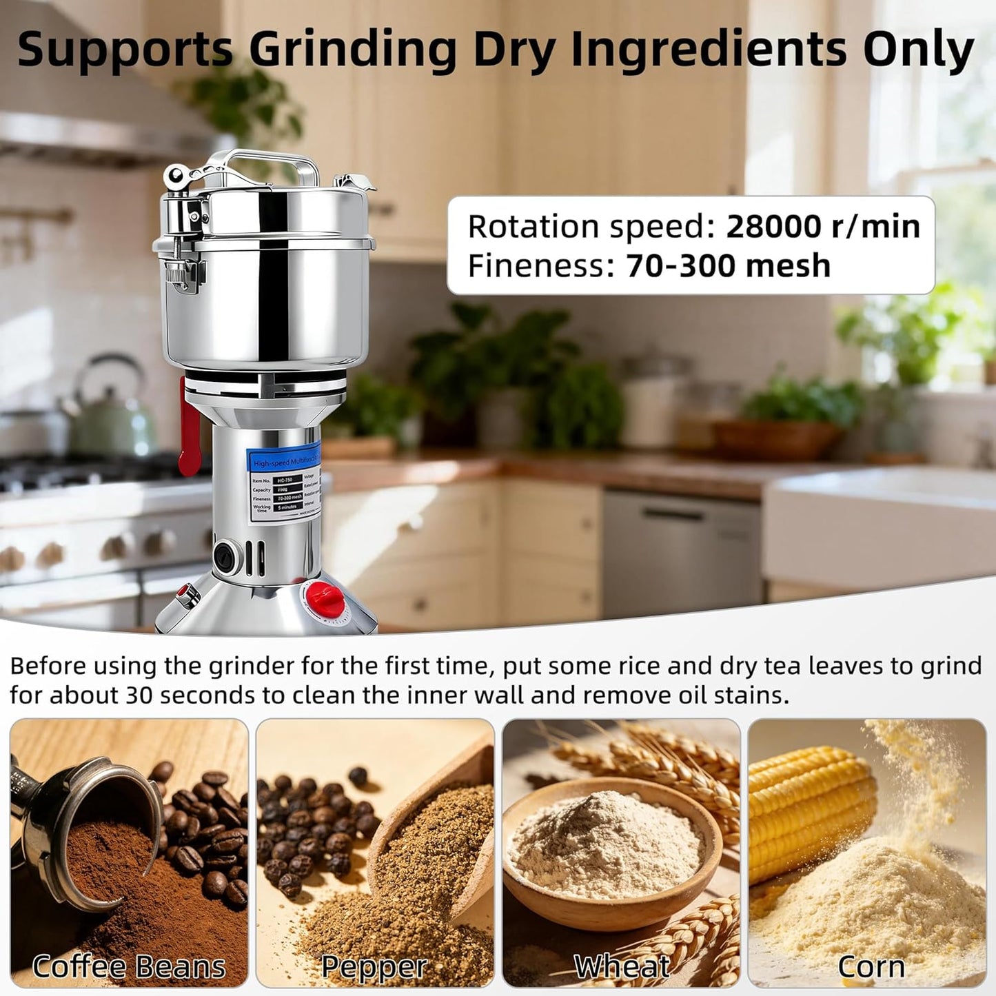 Molinillo Grano Acero Inox 26.46oz 2000W para Harina