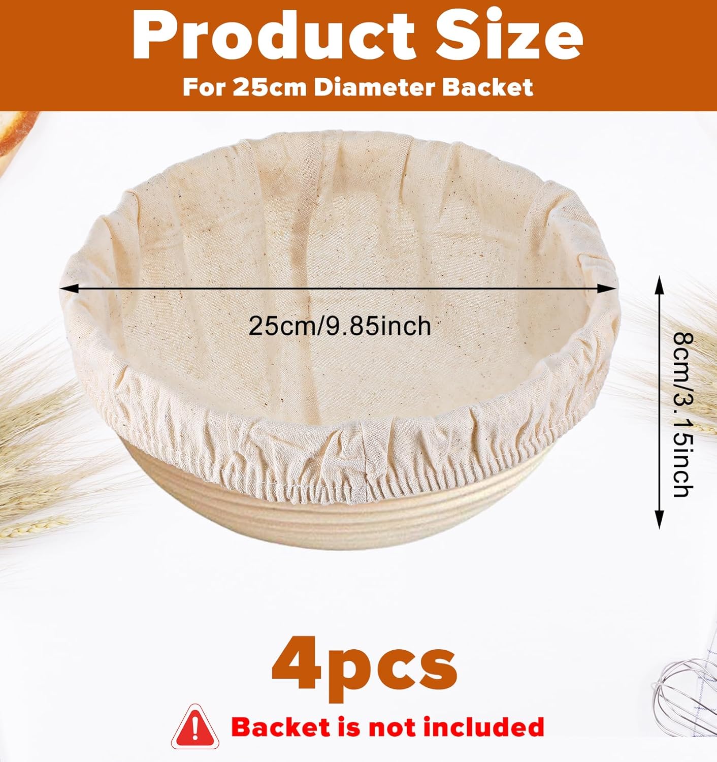 Forro cesta hornear tela ratán natural 10pulg set 4