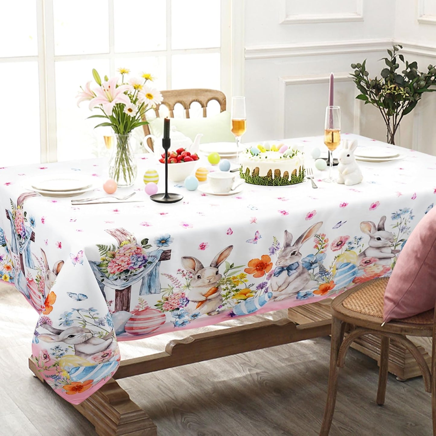 Mantel rectangular de Pascua 60 x 84 pulgadas con diseño de huevos de conejo y flores silvestres