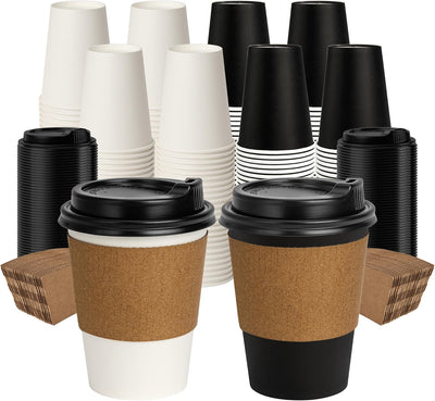Paquete de 100 tazas de café 12 oz con tapas y mangas blancas y negras