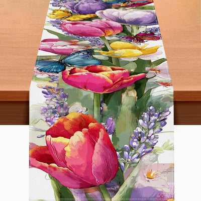 Camino de mesa floral de primavera 13 x 72 pulgadas arpillera con tulipanes y mariposas