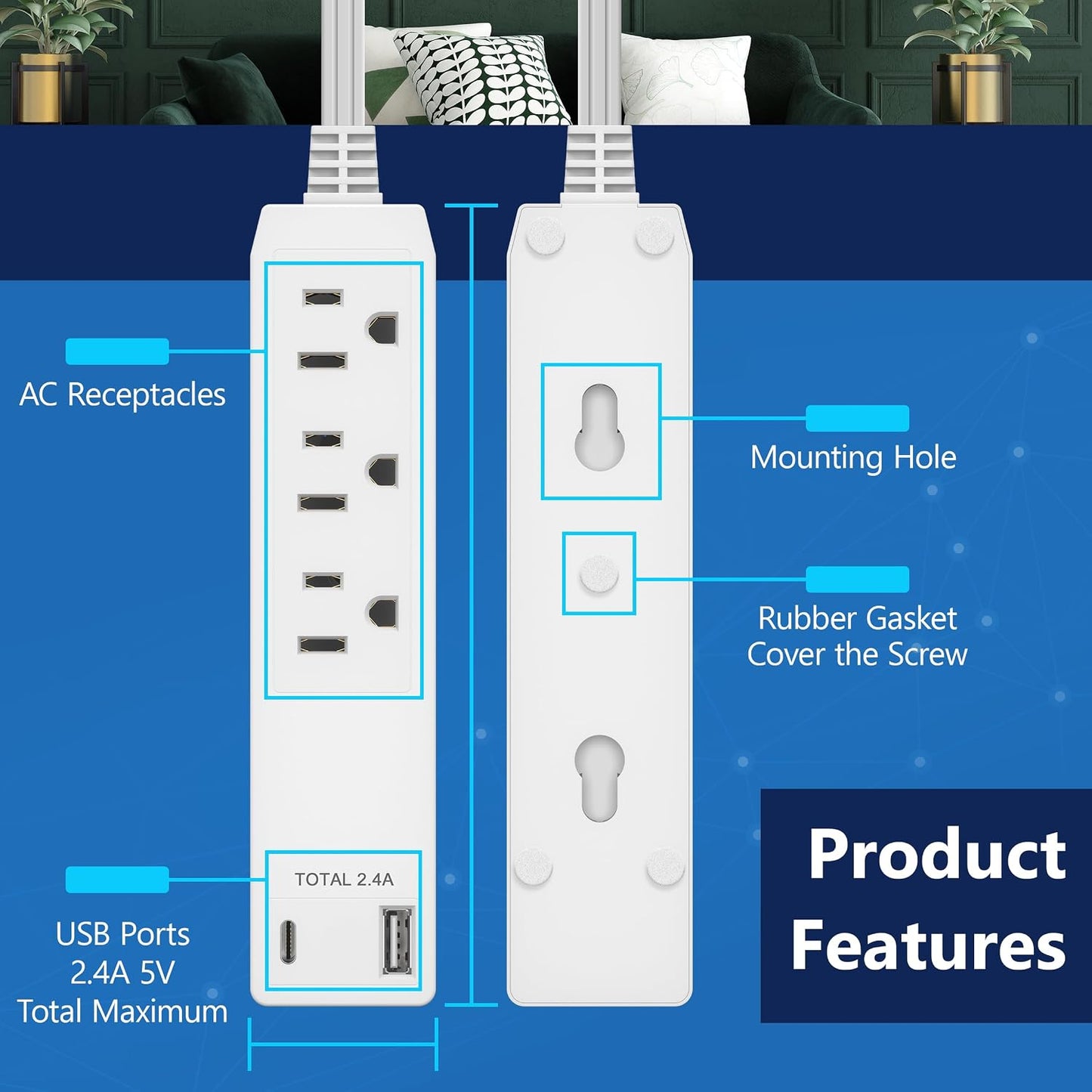 Extensor salida 3 tomas USB A 12W USB C enchufe pared ultrafino