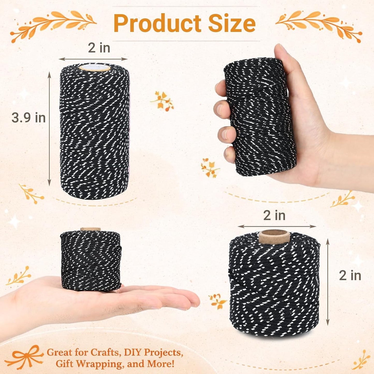 Cuerda algodón plateado y negro 164pies 0.079pulg para manualidades