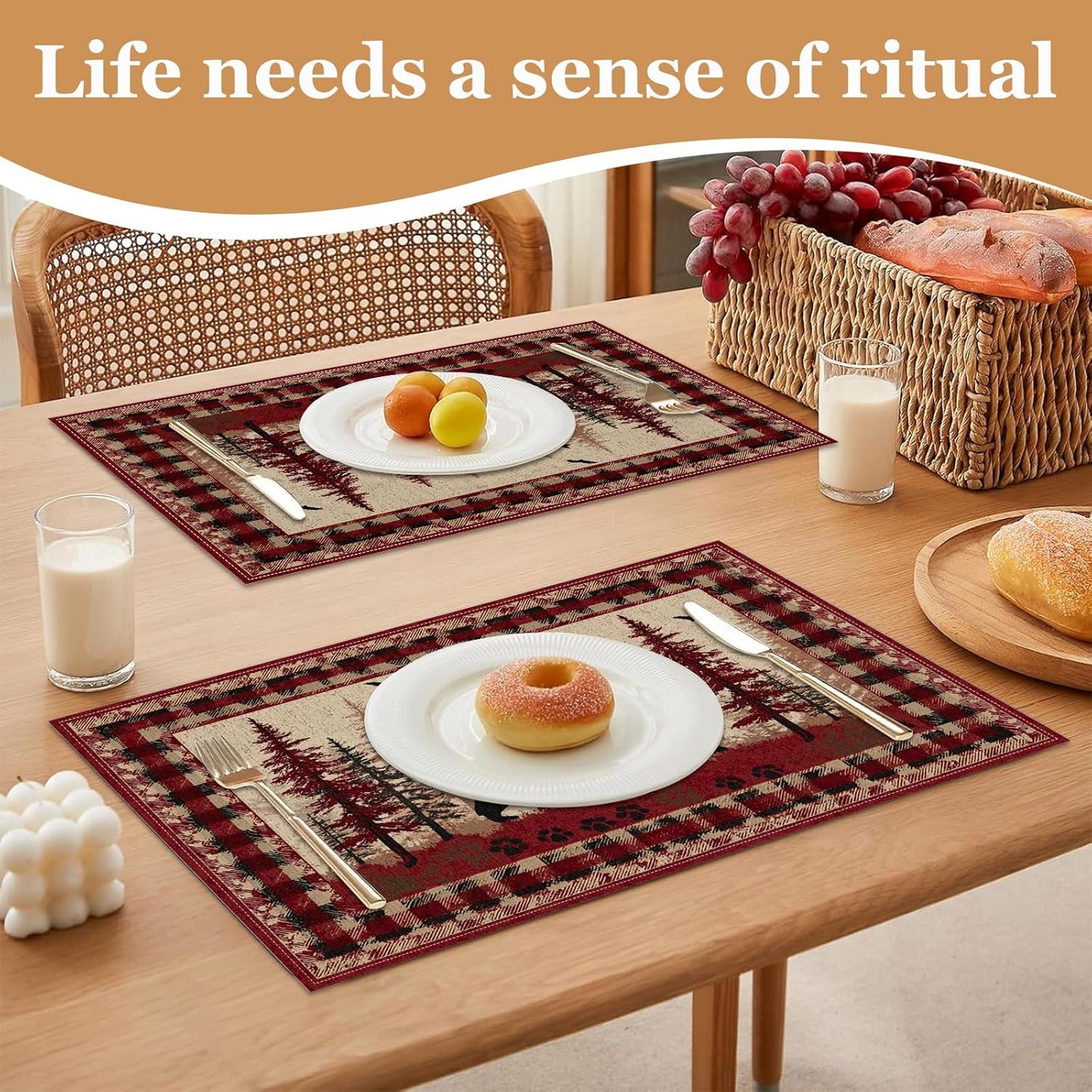 Placemats rustica rojo plaid de oso bosque set de 6 no resbaladizos resistente al calor lavables