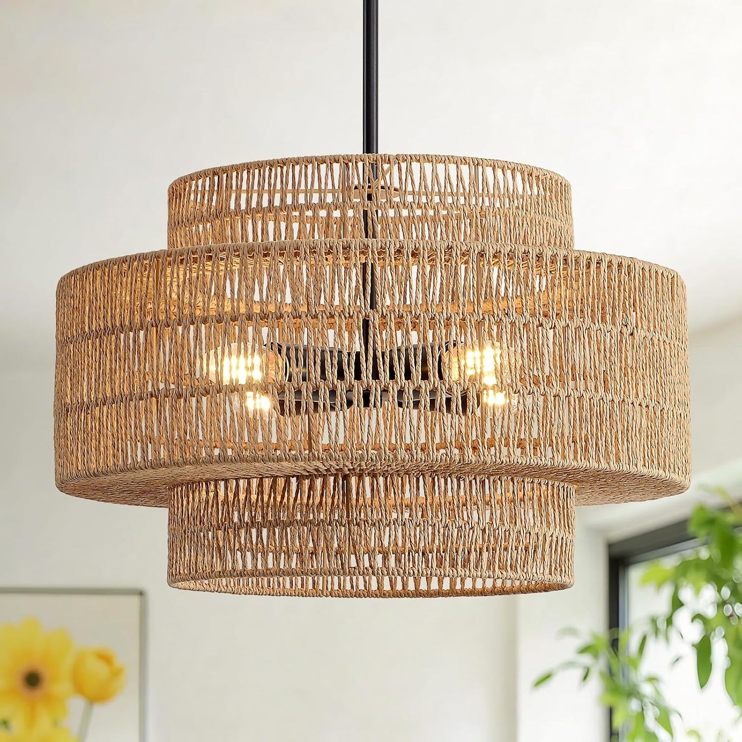 Lámpara Boho Rattan 4 Luces para Comedor Cocina