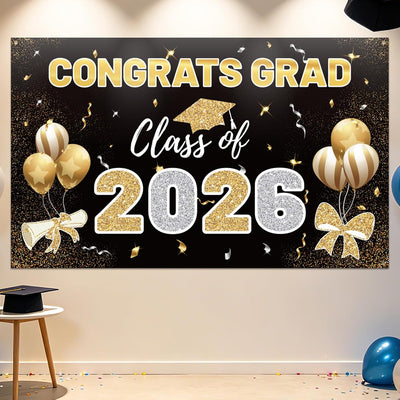 Telón graduación 2026 70.8x43.3pulg oro negro poliéster