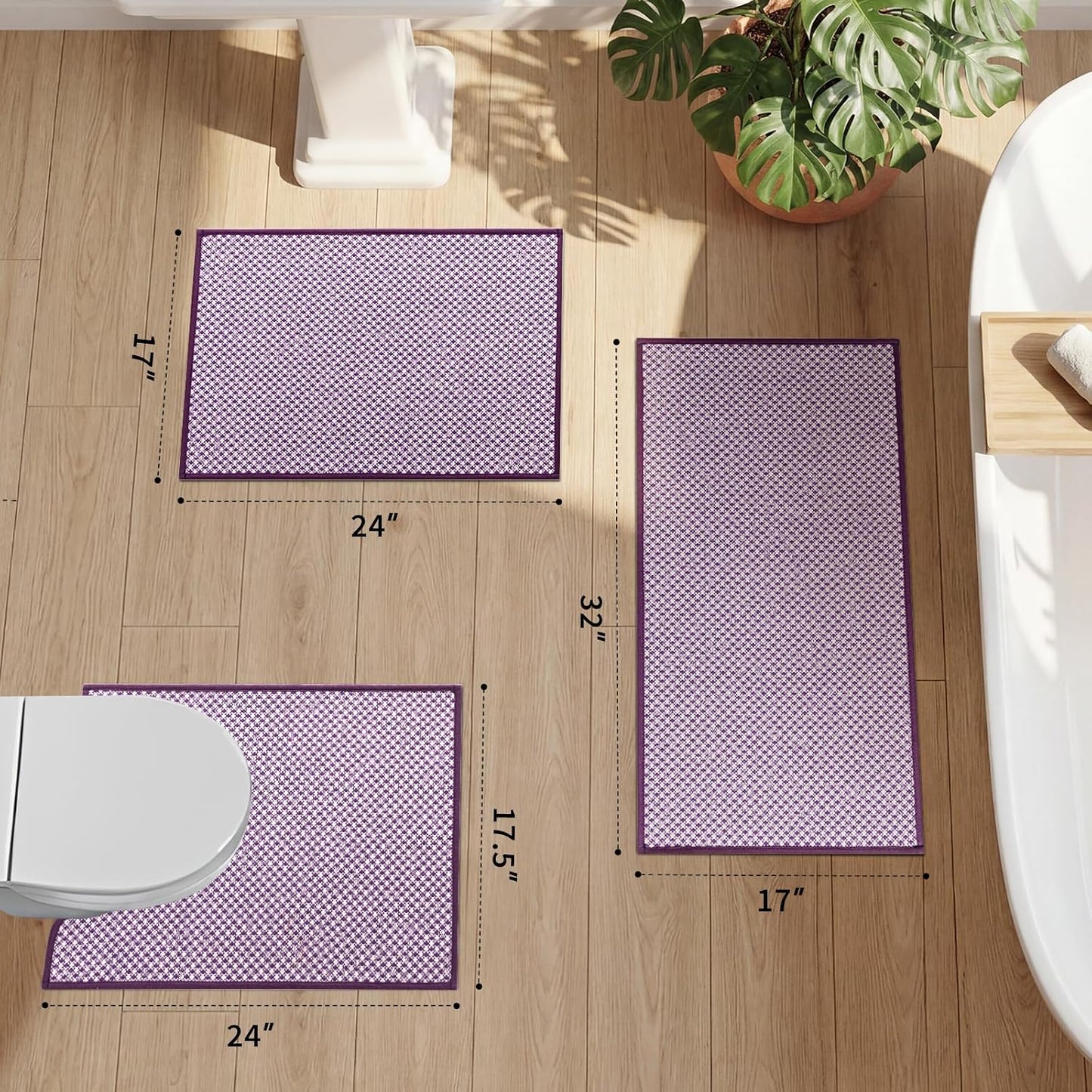 3 Pzas Tapetes Baño Morado Antiderrap Absorbente Secado Rápido