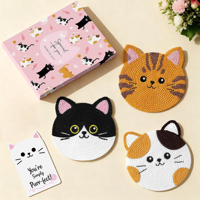Posavasos tejidos con cara de gato, decoración creativa para mesa de café