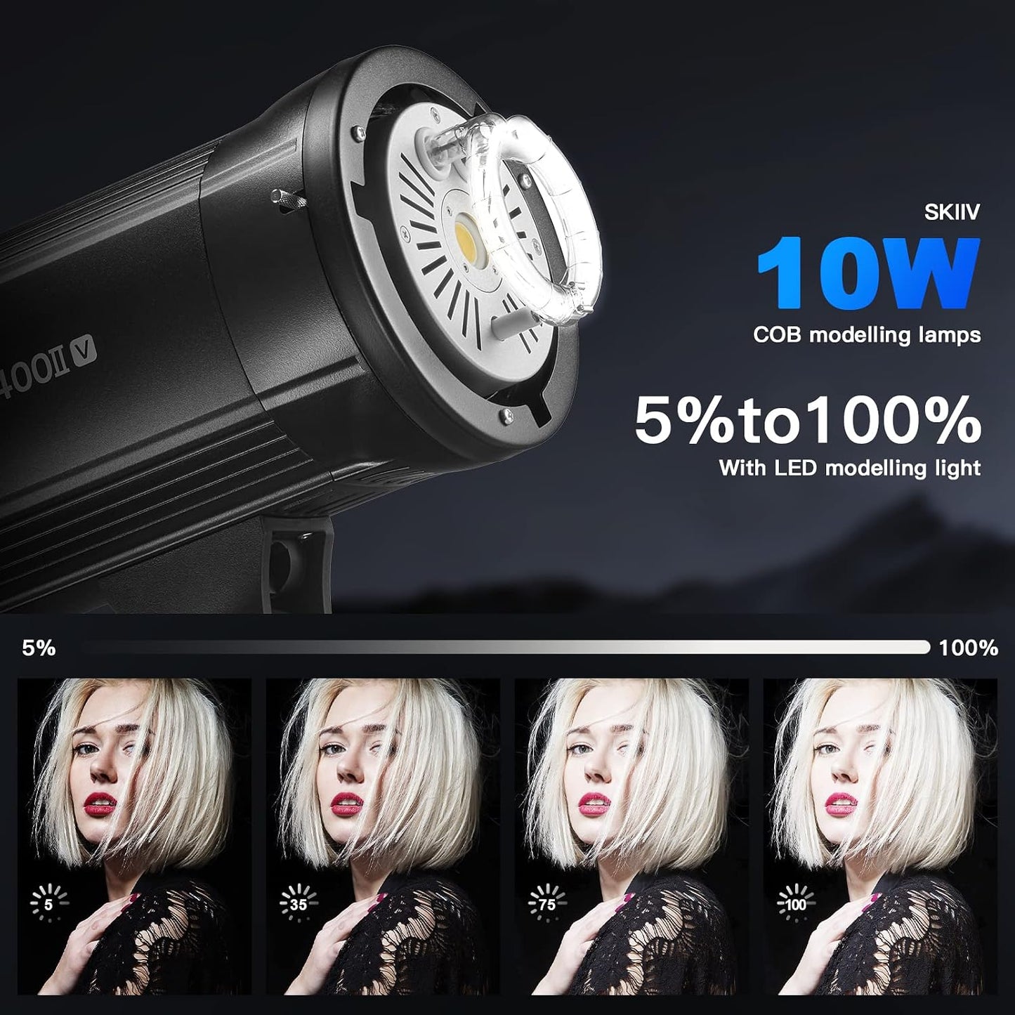 Luz flash estroboscópica 400Ws para estudio con lámpara LED