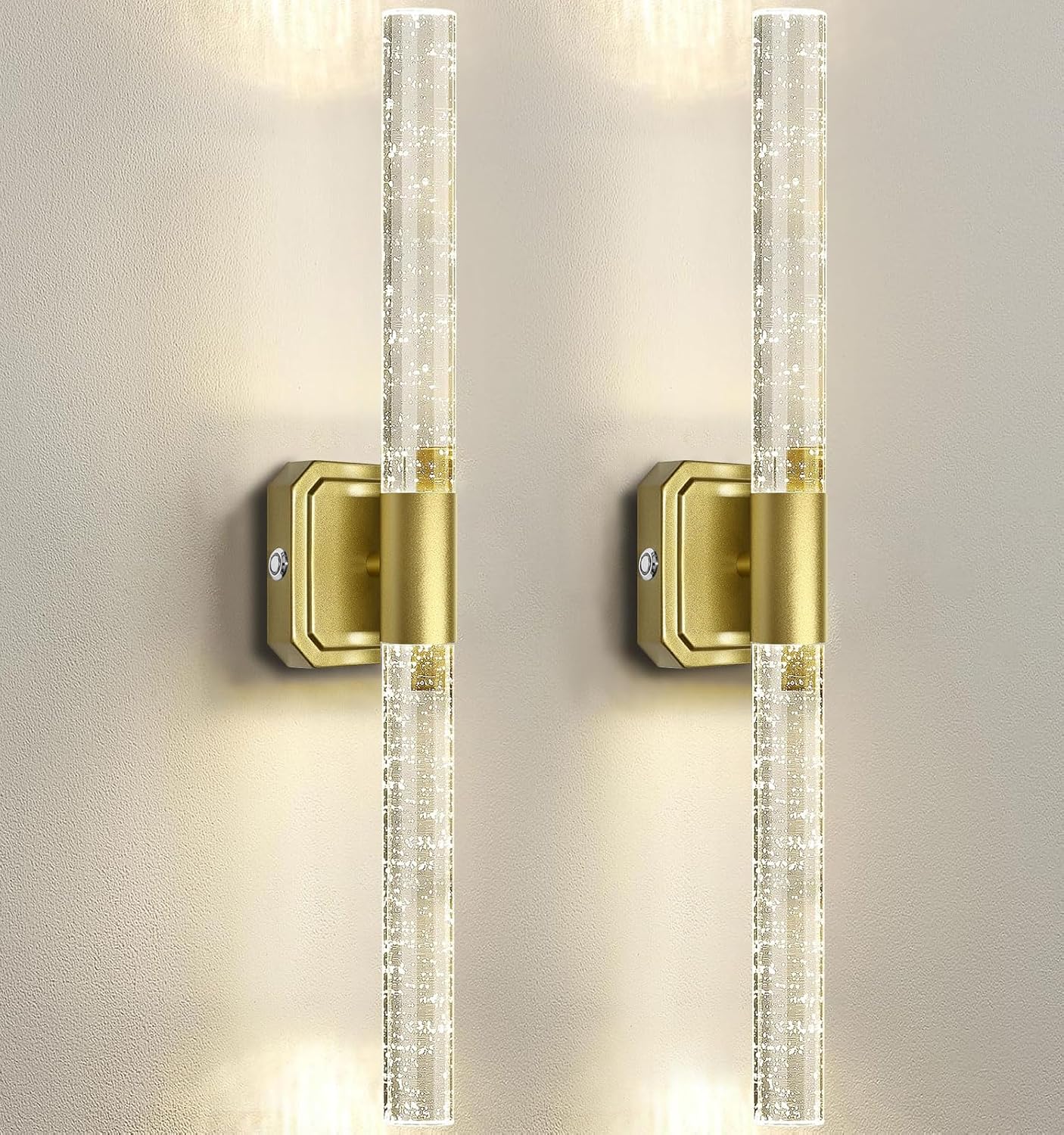 2 Apliques Pared Cristal Dorado Recargable 20.5pulg