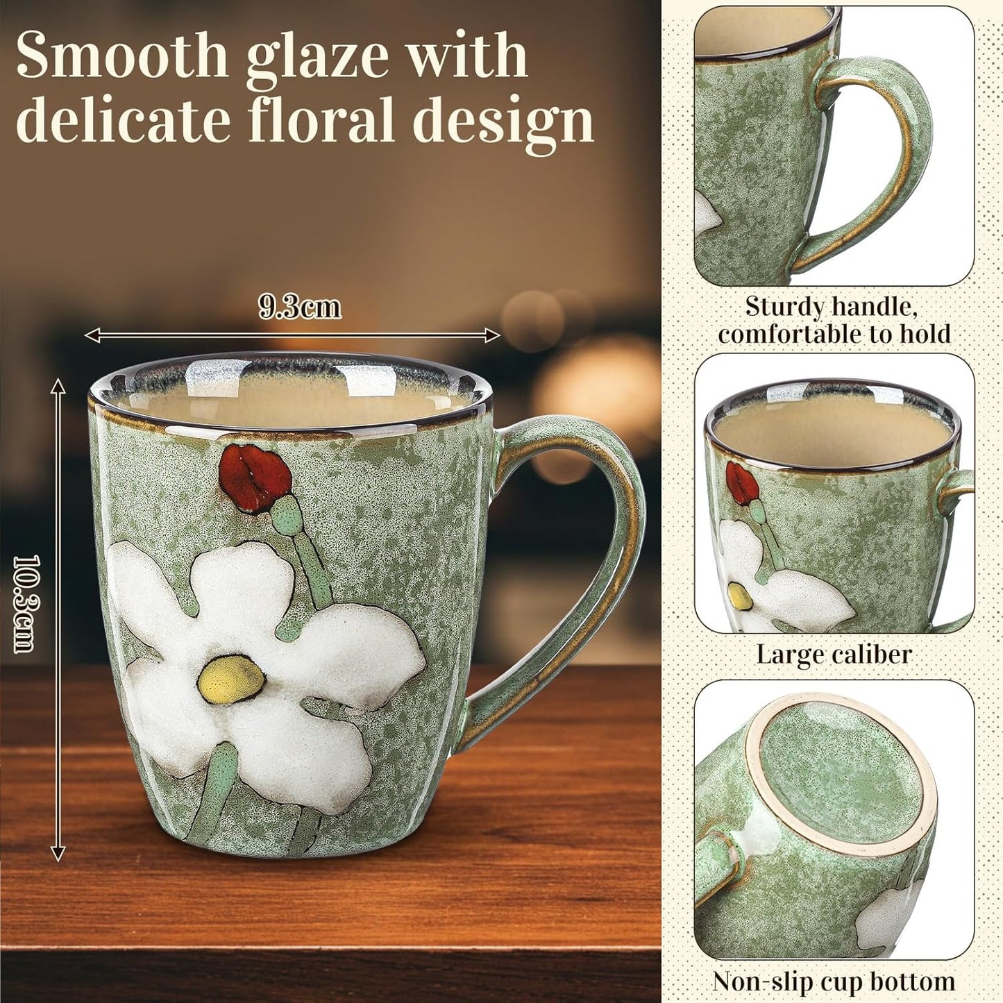 Juego de tazas de café de cerámica 12 oz con acristalamiento y diseño floral