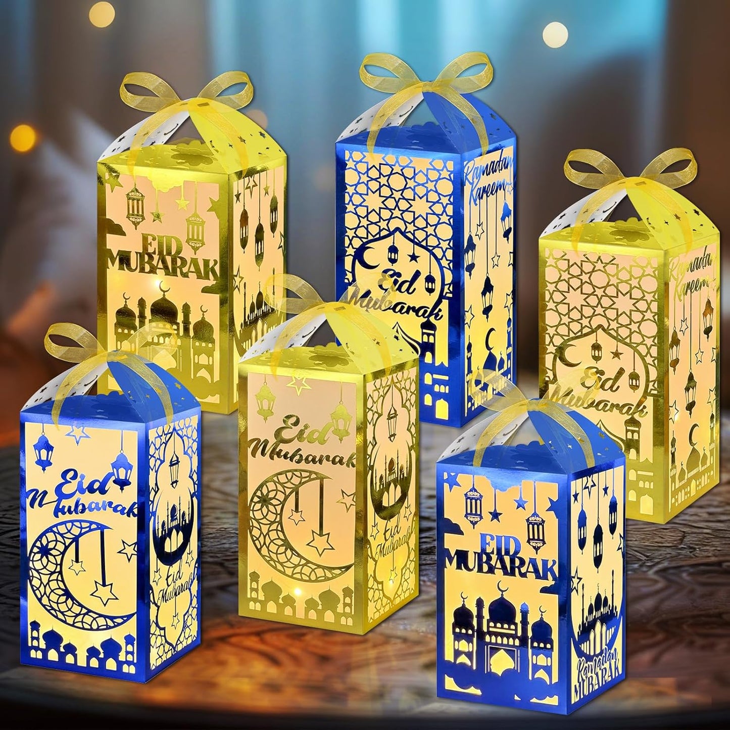Set 6 Centros Mesa Ramadán Decoración Eid Mubarak Negro Dorado
