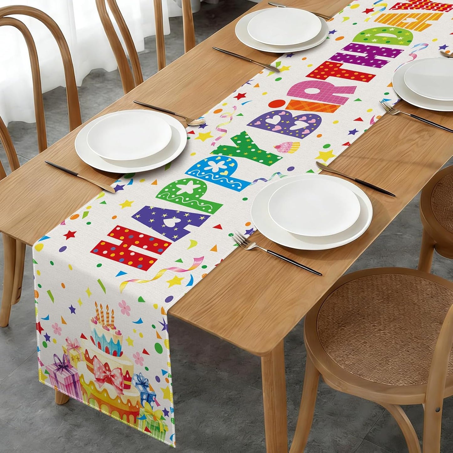 Camino Mesa Cumpleaños Pastel Regalos Confeti 72x13pulg Blanco