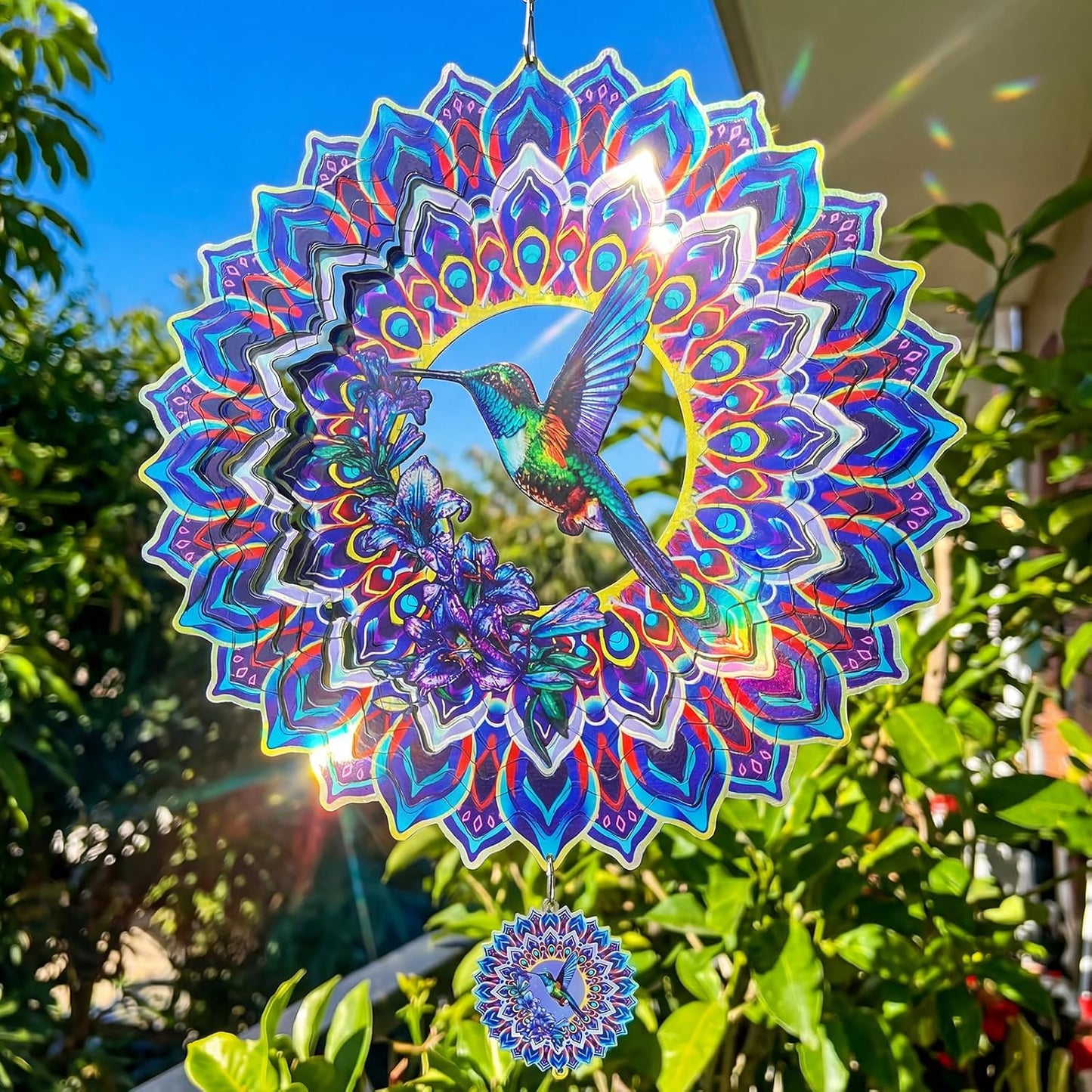Molinillo viento mandala colibrí 12pulg metal 3D decoración jardín