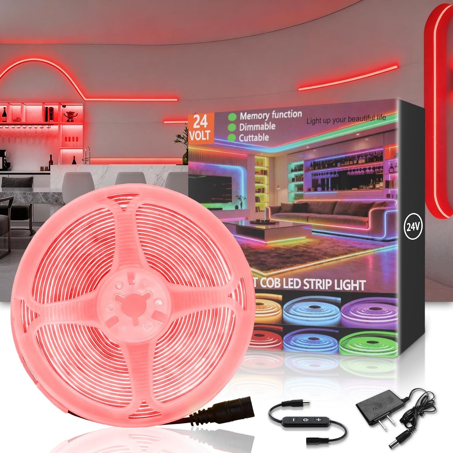 Tira luces LED COB roja 24V regulable flexible