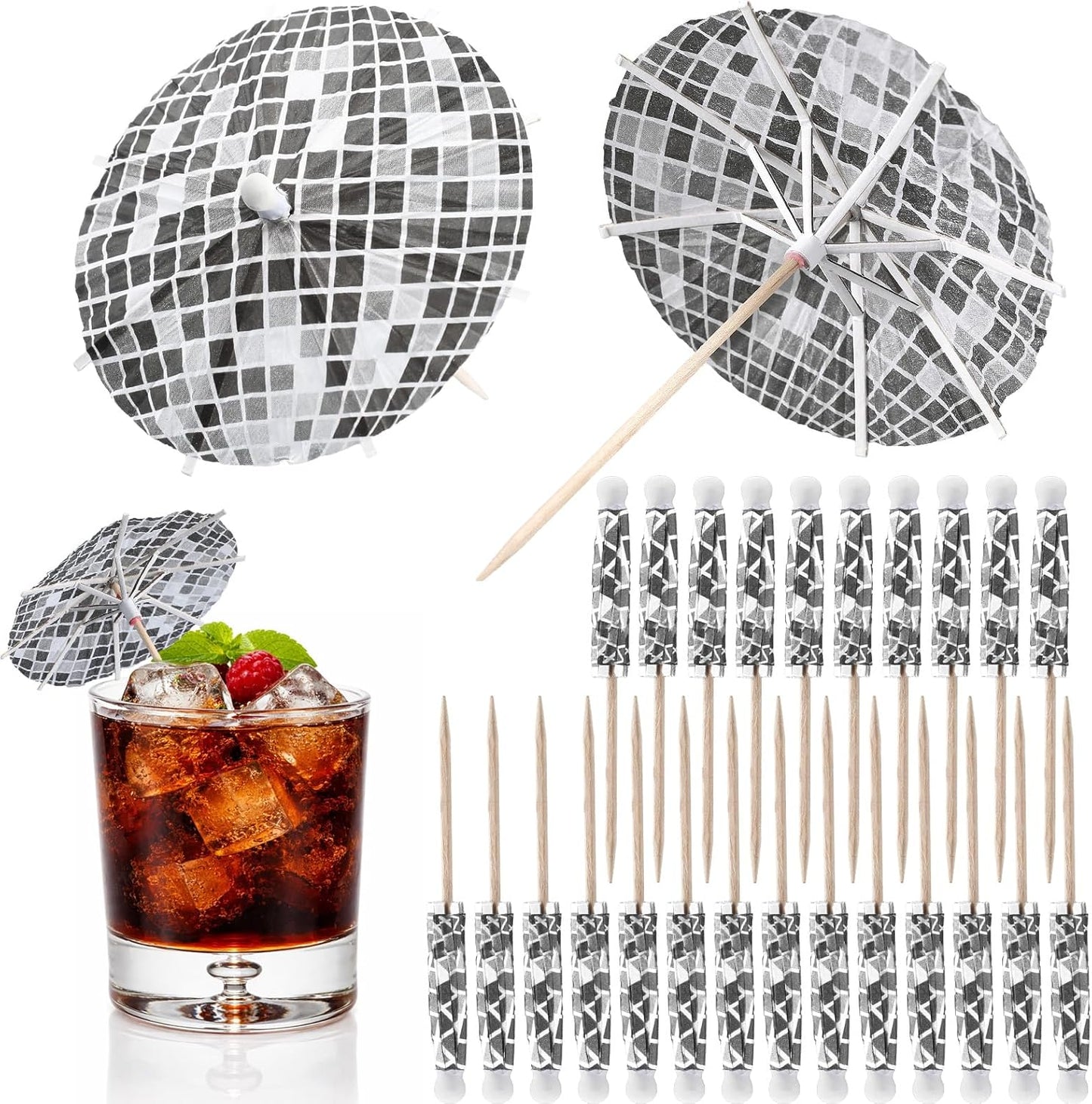 Paraguas de discoteca con palillos de dientes y bola de papel texturizado