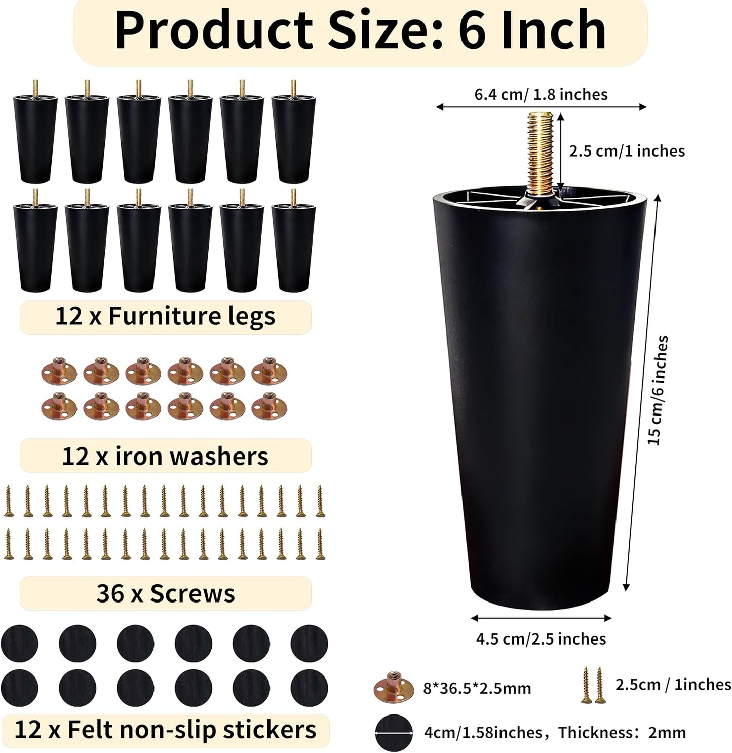 12 Pzas Patas Plástico 6pulg Repuesto Muebles