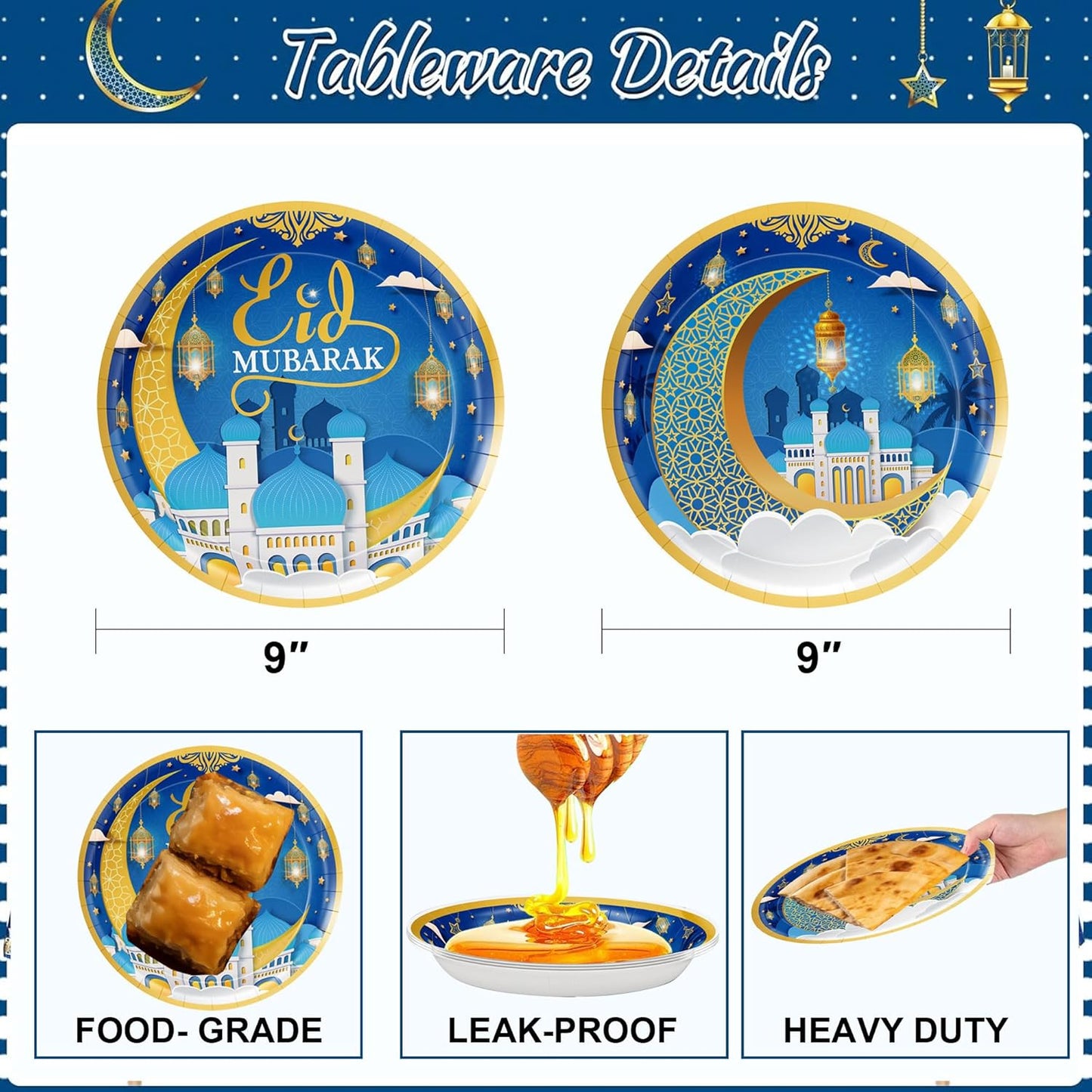 24 Platos Ramadán 9pulg Azul Dorado Eid Mubarak