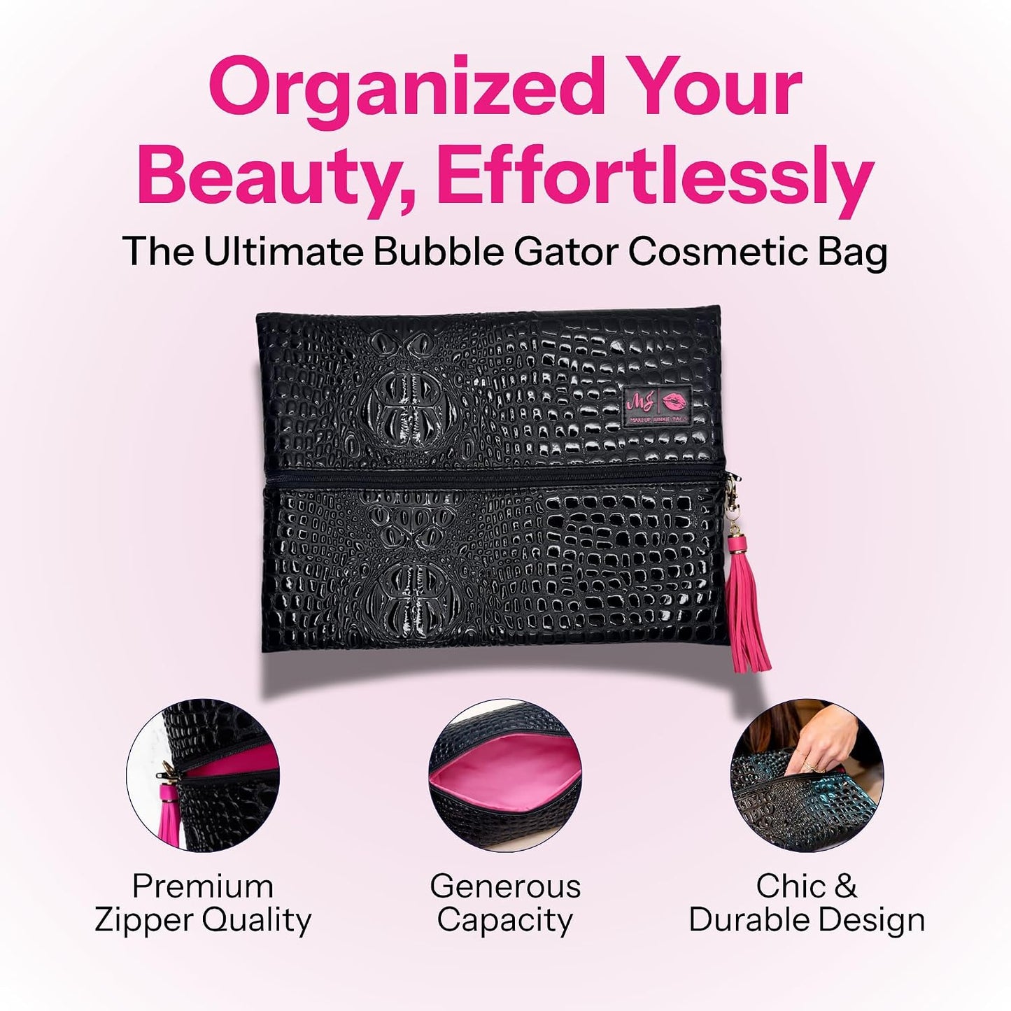 Bolsa maquillaje plana patentada forro lavable negro