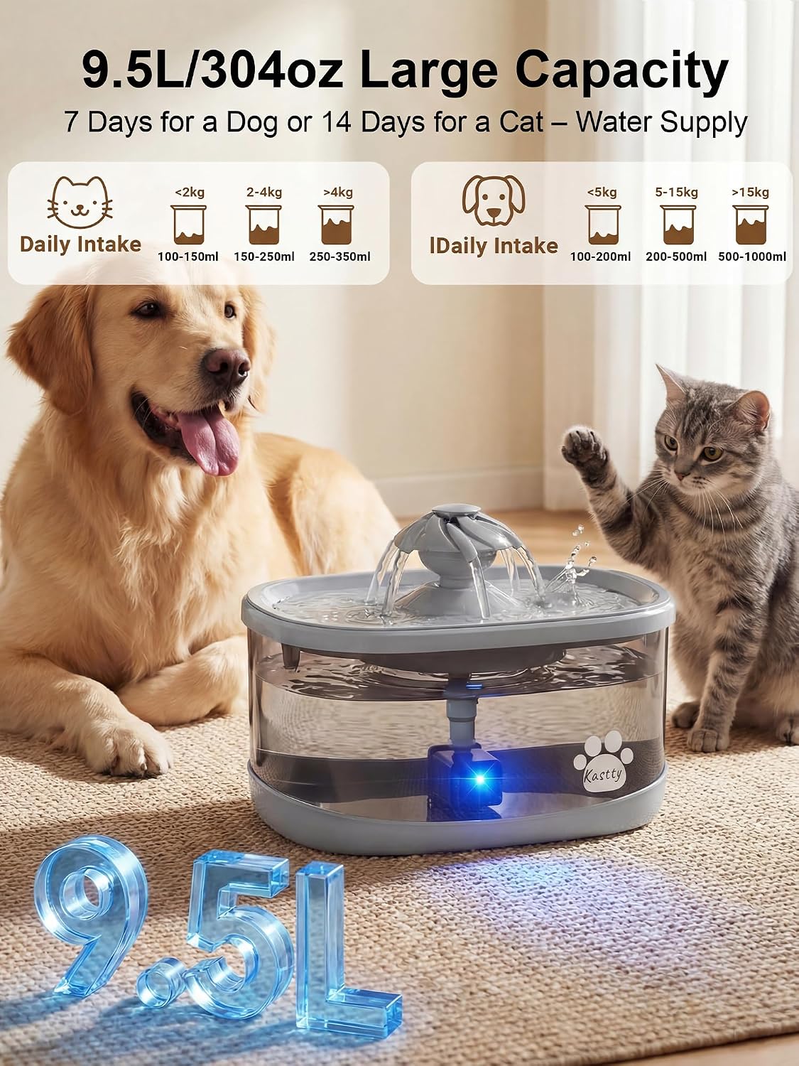 Fuente agua perros grandes 9.5L 2.5gal 3 modos LED gris
