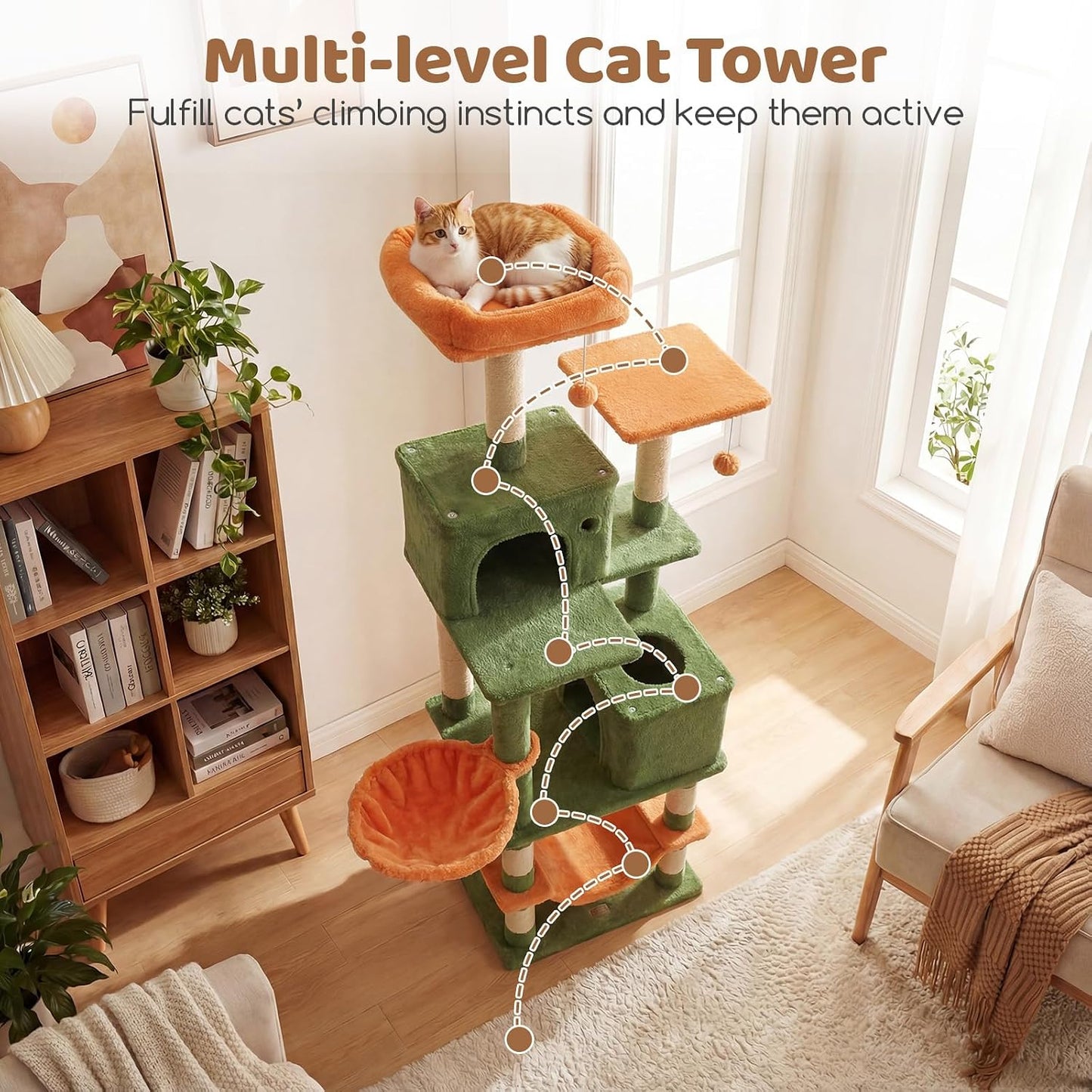 Torre gatos 66pulg con 2 condominios sisal felpa hamaca
