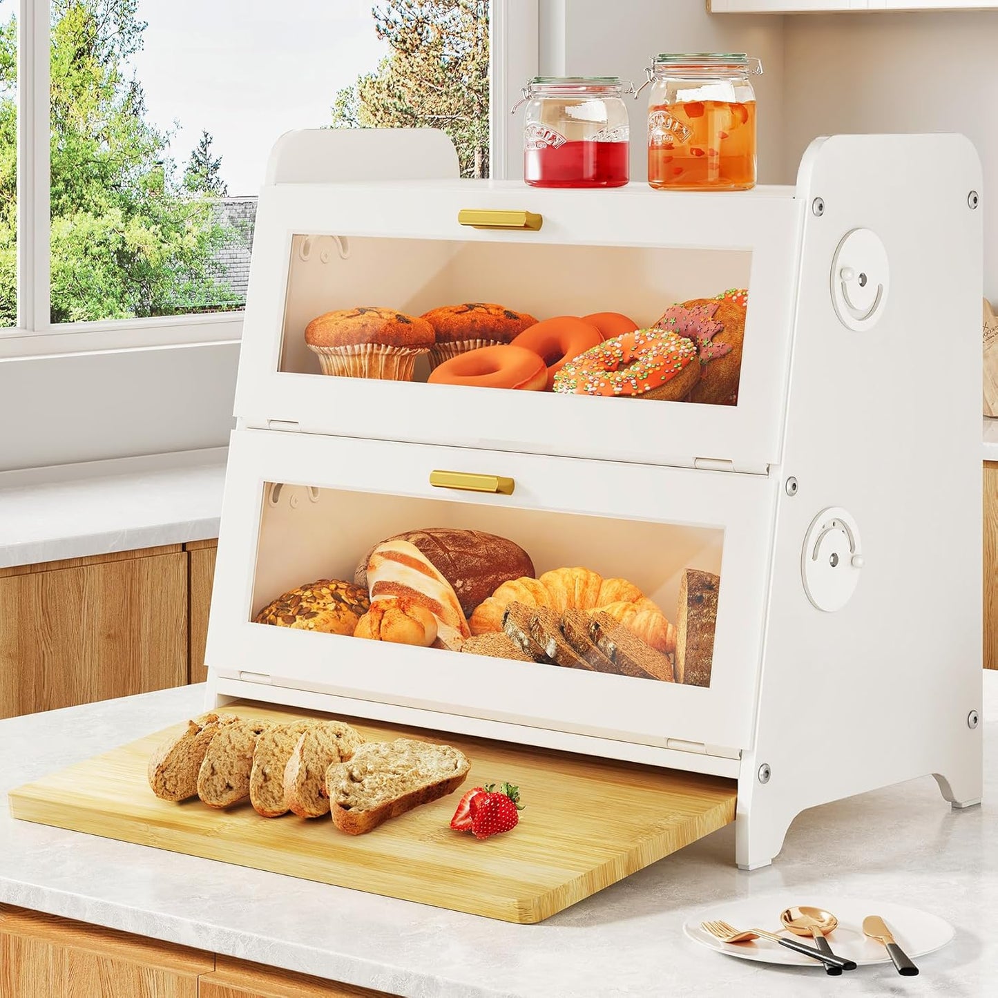 Recipiente para pan encimera cocina tabla bambú ajustable blanco