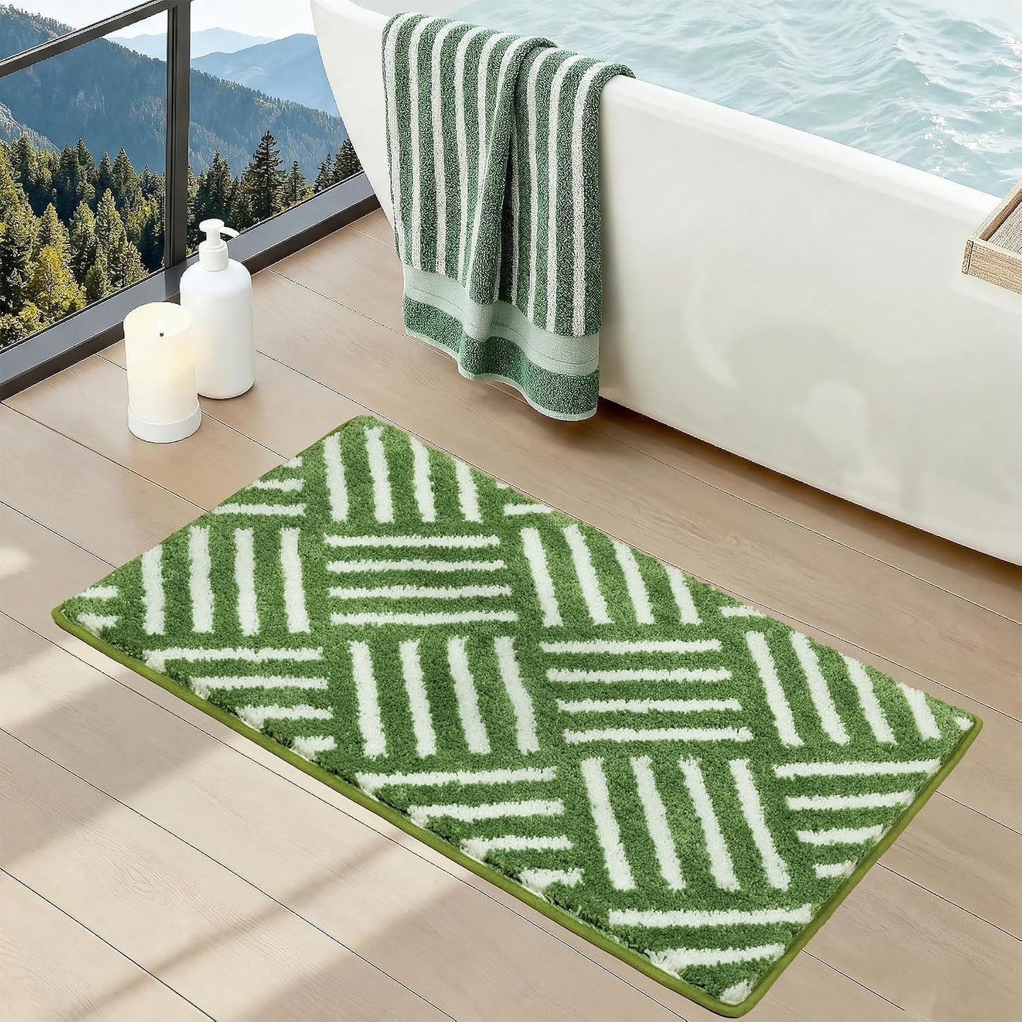 Alfombra baño a rayas verdes antideslizante 20x30pulg microfibra
