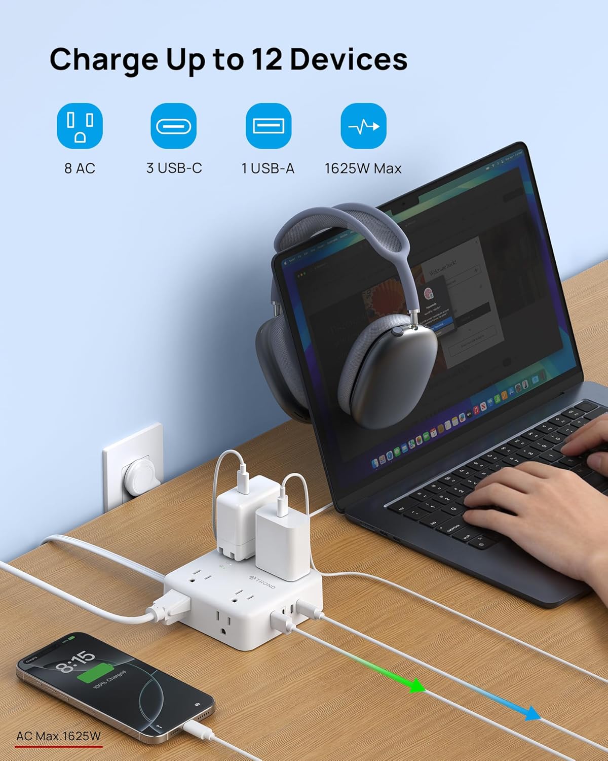 Regleta sobretensiones plano 5ft 8 tomas 4 puertos USB