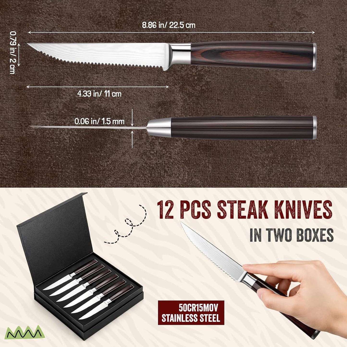 Set 12 Cuchillos Carne Acero Inox Mango Pakkawood
