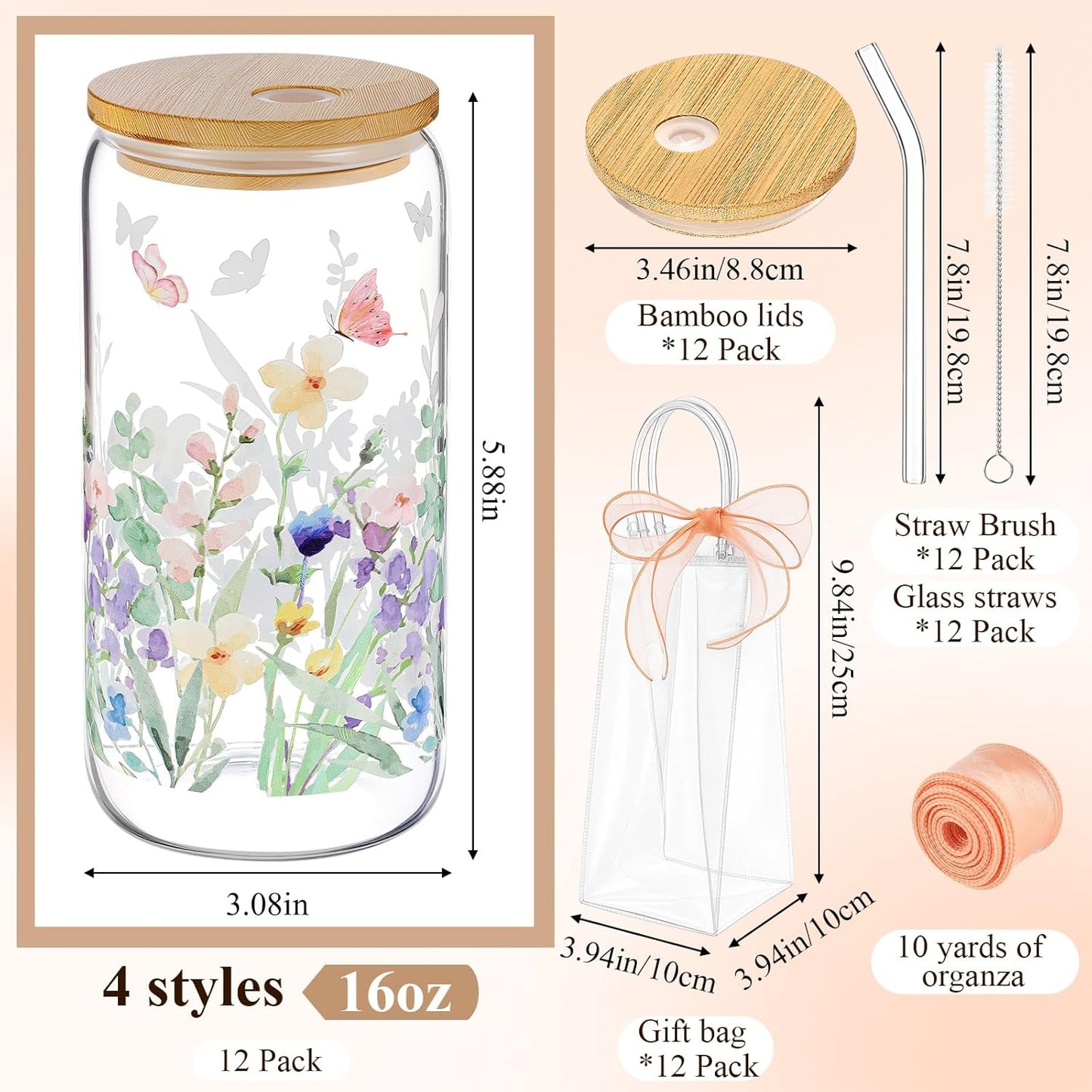 Set 12 Tazas Vidrio Flores 16oz Rosa Reutilizables