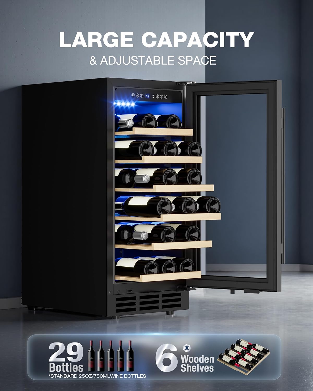 Refrigerador vino 29 botellas 15pulg puerta vidrio doble negro