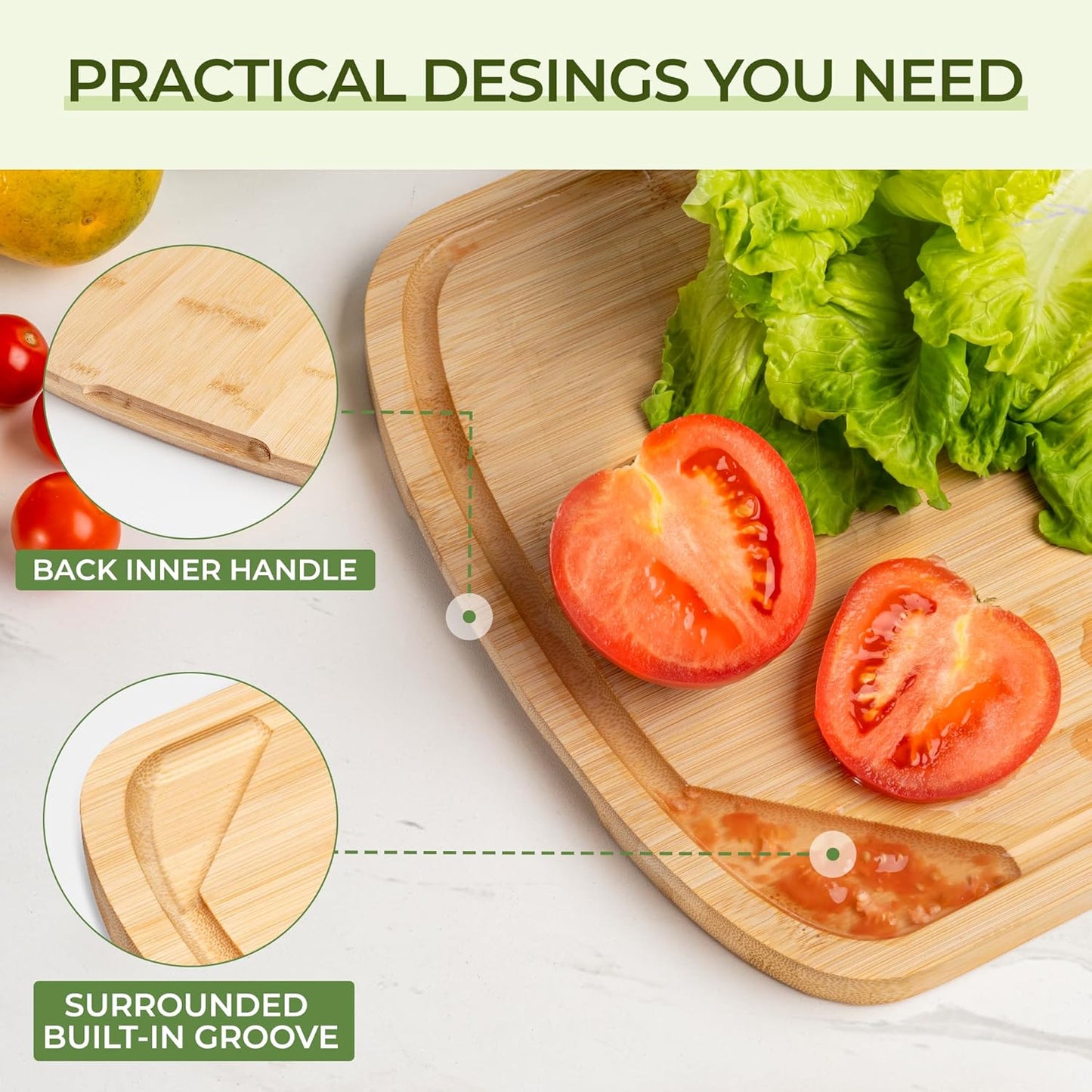 Tablas de cortar bambú 30x22 con mango y surcos para jugos