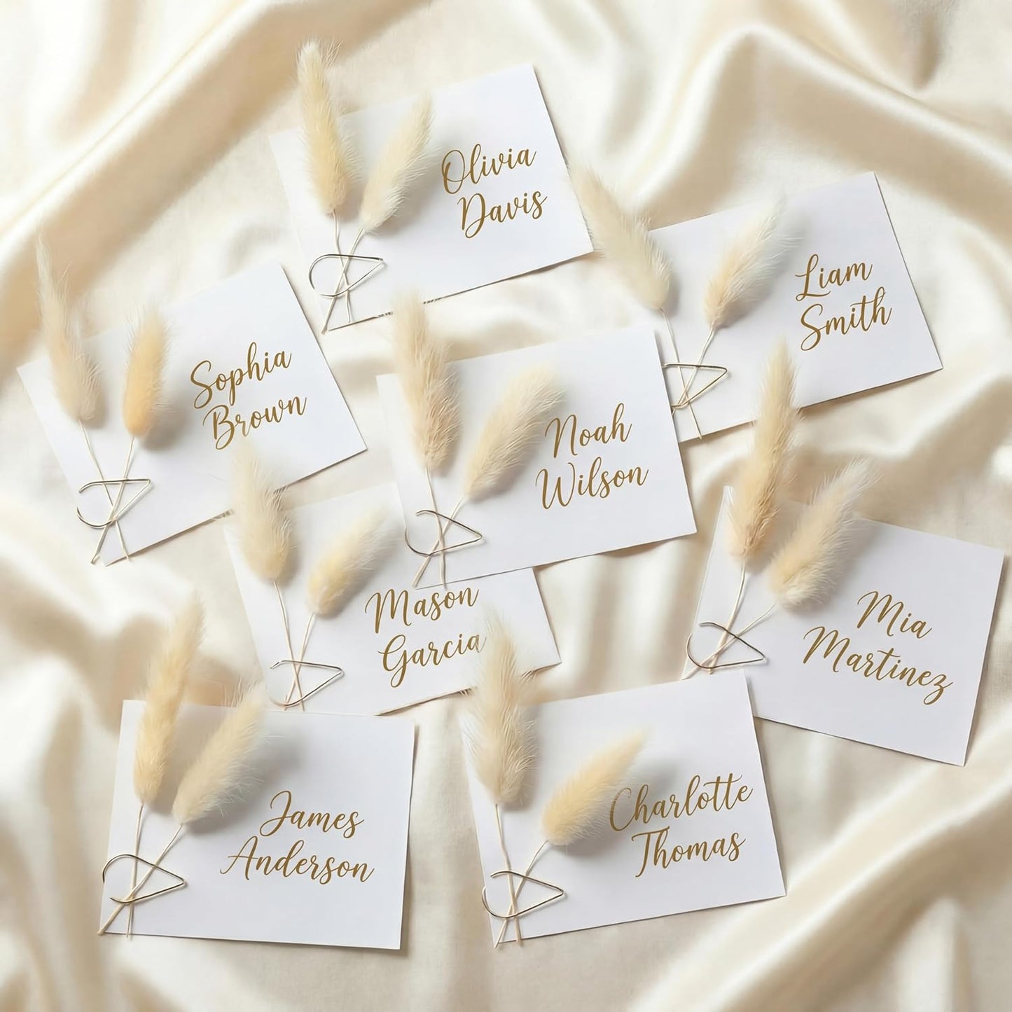 Paquete de 50 tarjetas de lugar de boda con cola de conejo y flores secas de pampas