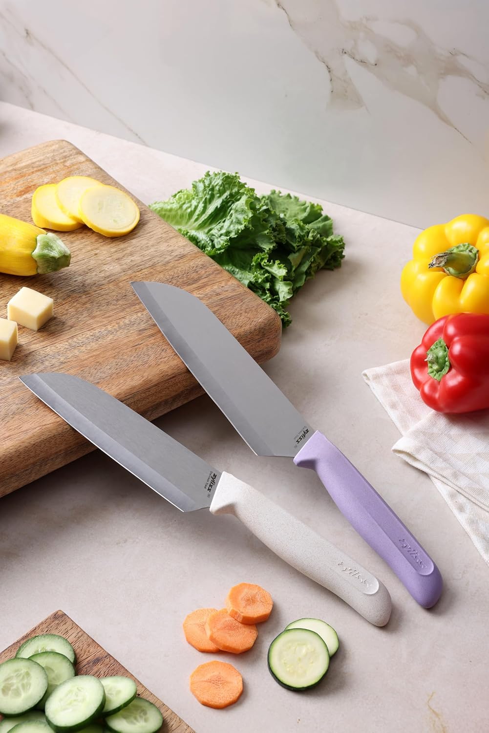 Juego Santoku de 2 piezas con cuchillas de acero inoxidable y asas ergonómicas