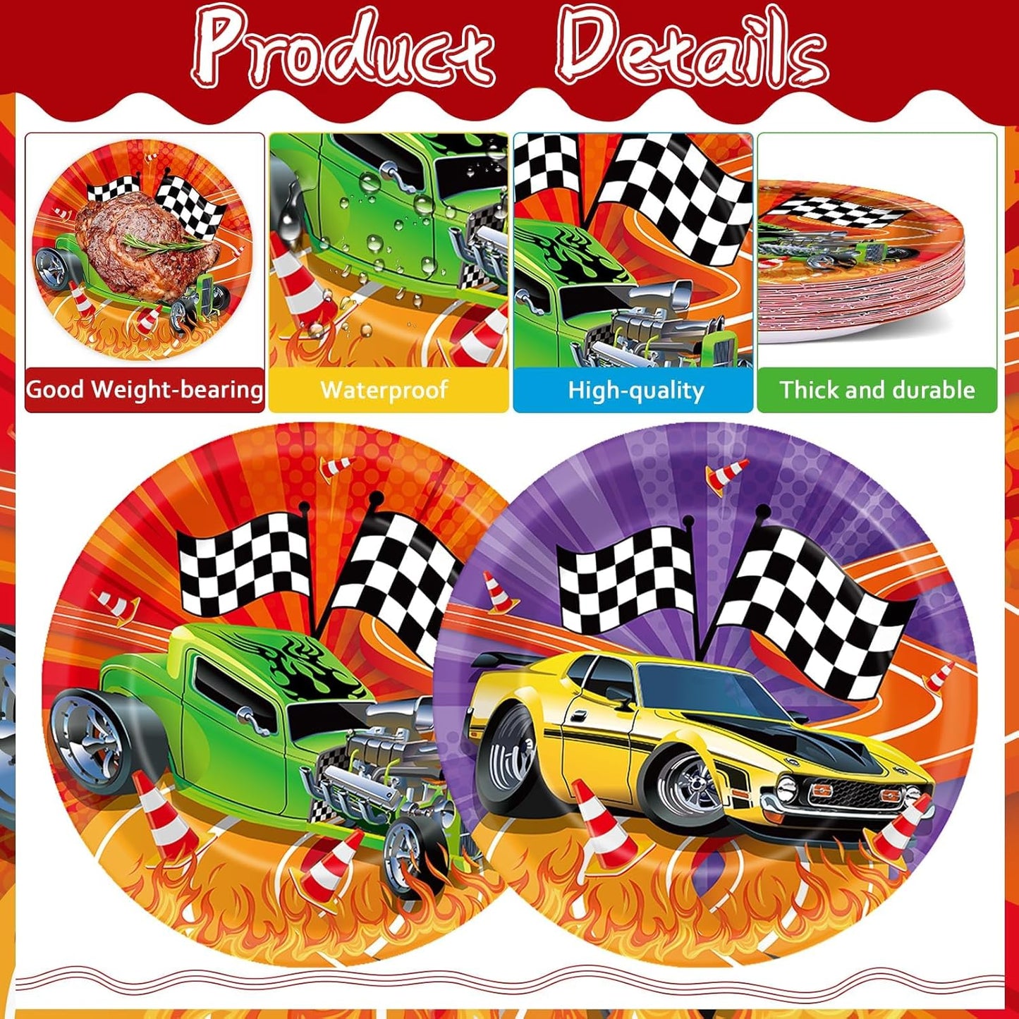 Suministros de fiesta de cumpleaños con coches de carreras y decoraciones coloridas