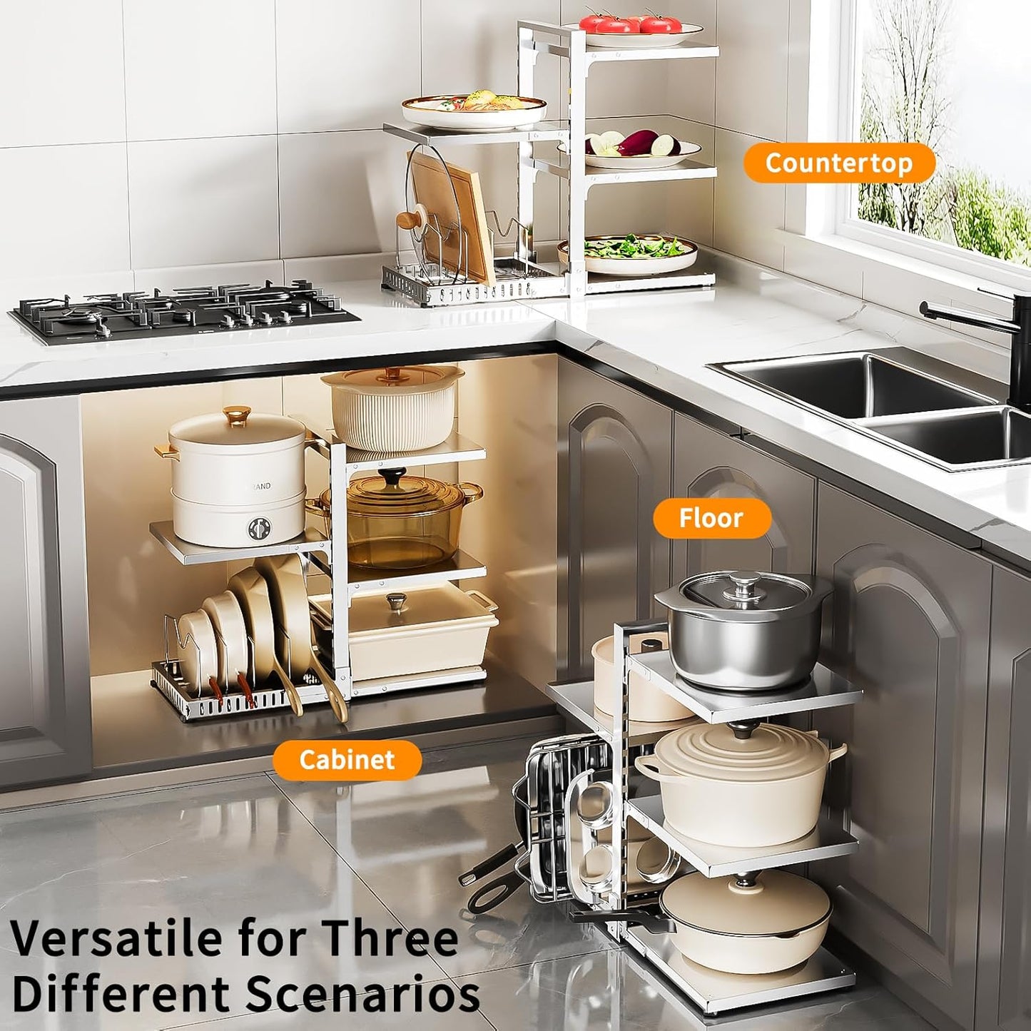 Organiz. ollas sartenes estante 5 niveles resistente doble cara