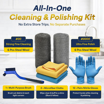 Kit limpieza lana acero 6 Pzas almohadillas cepillo paños microfibra guantes