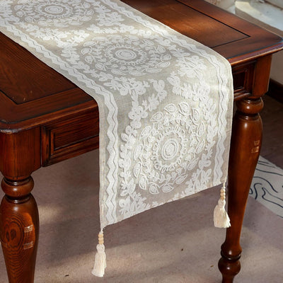 Camino de mesa ARTABLE con diseños flores bohemio cuentas de madera lino 14x48