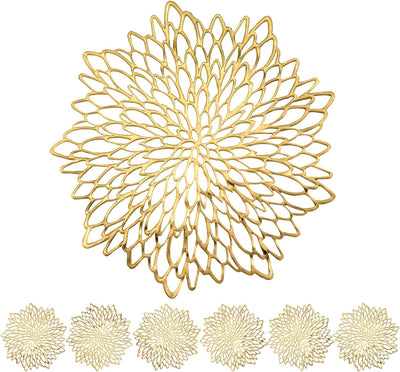 Juego de 6 manteles individuales dorados redondos de 15 pulgadas con diseño de hojas