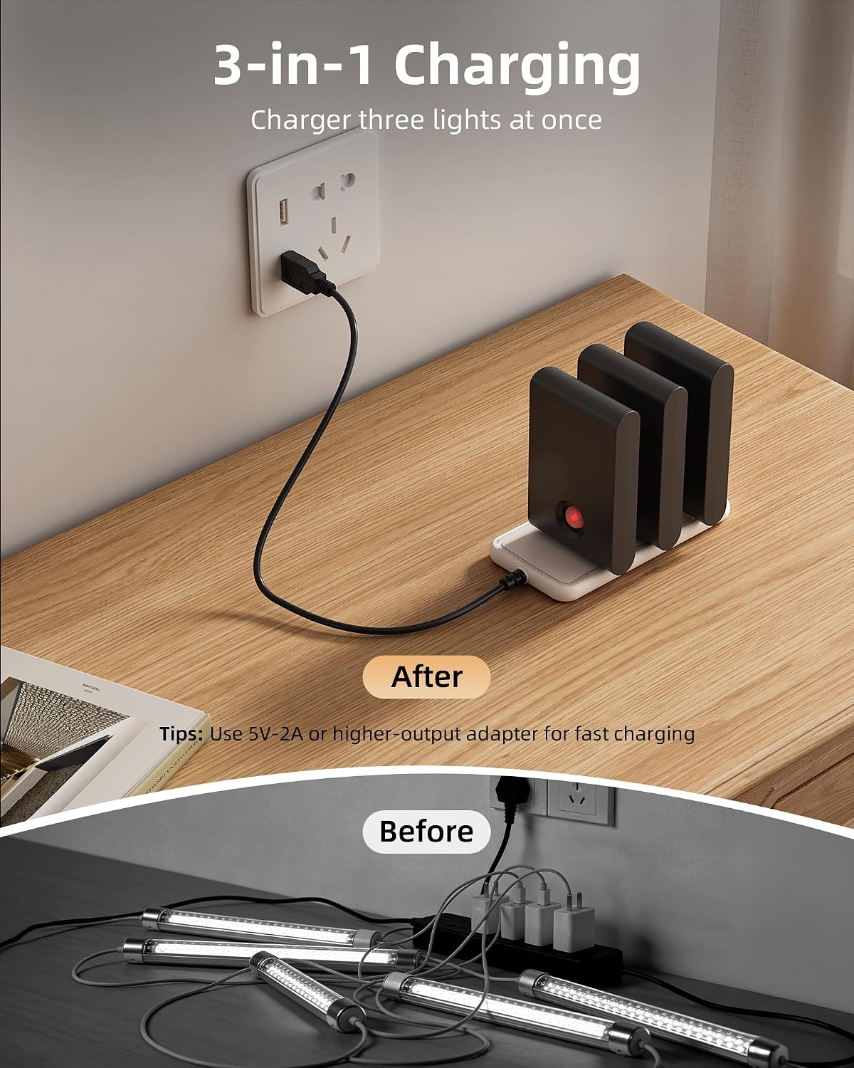 6 Luces Nocturnas Sensor Movimiento LED Recargable 1500mAh Negro