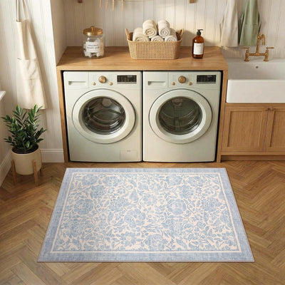 Alfombra floral azul 2x3pulg antideslizante para entrada