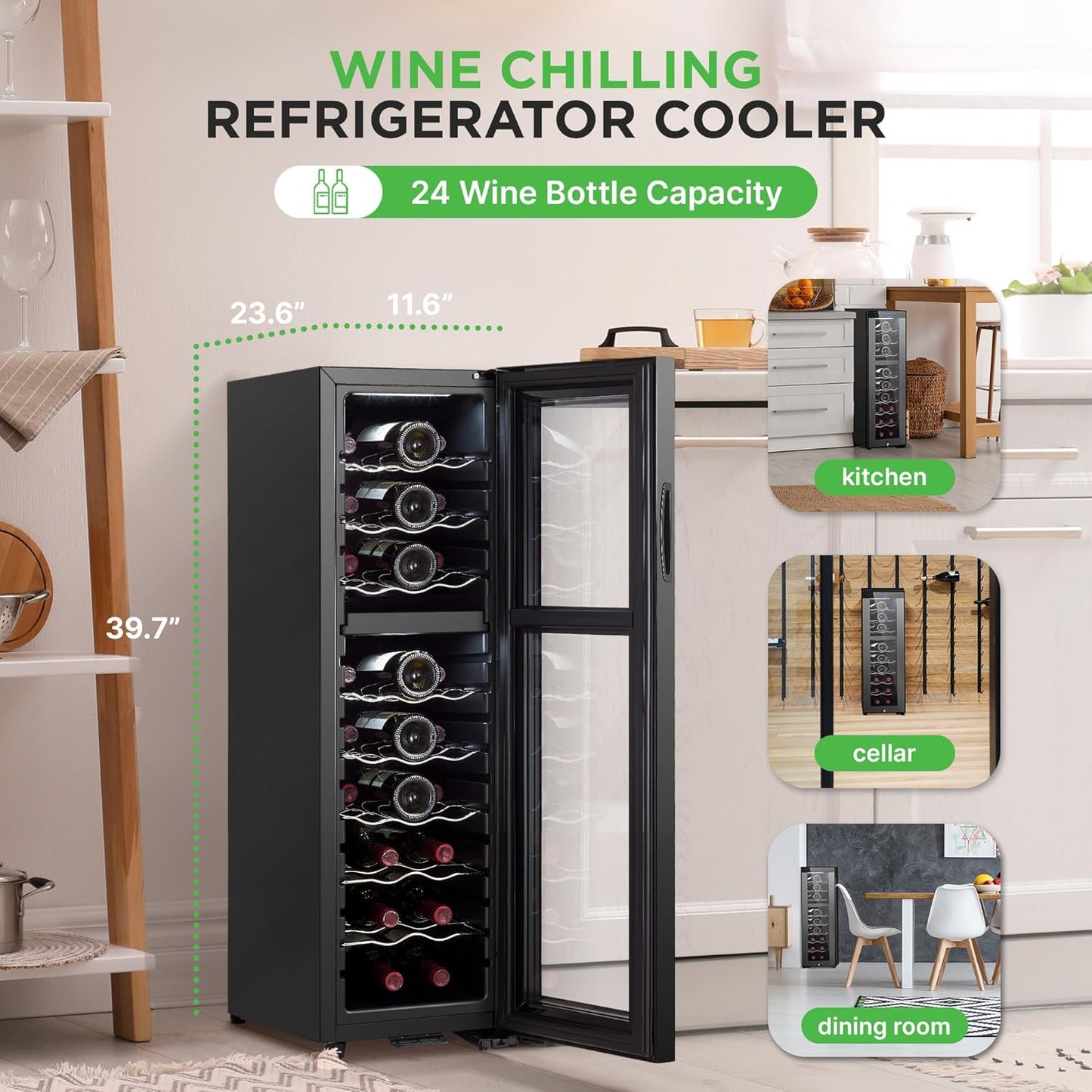 Refrigerador de vino 24 botellas doble zona ajustable 41-64°F negro