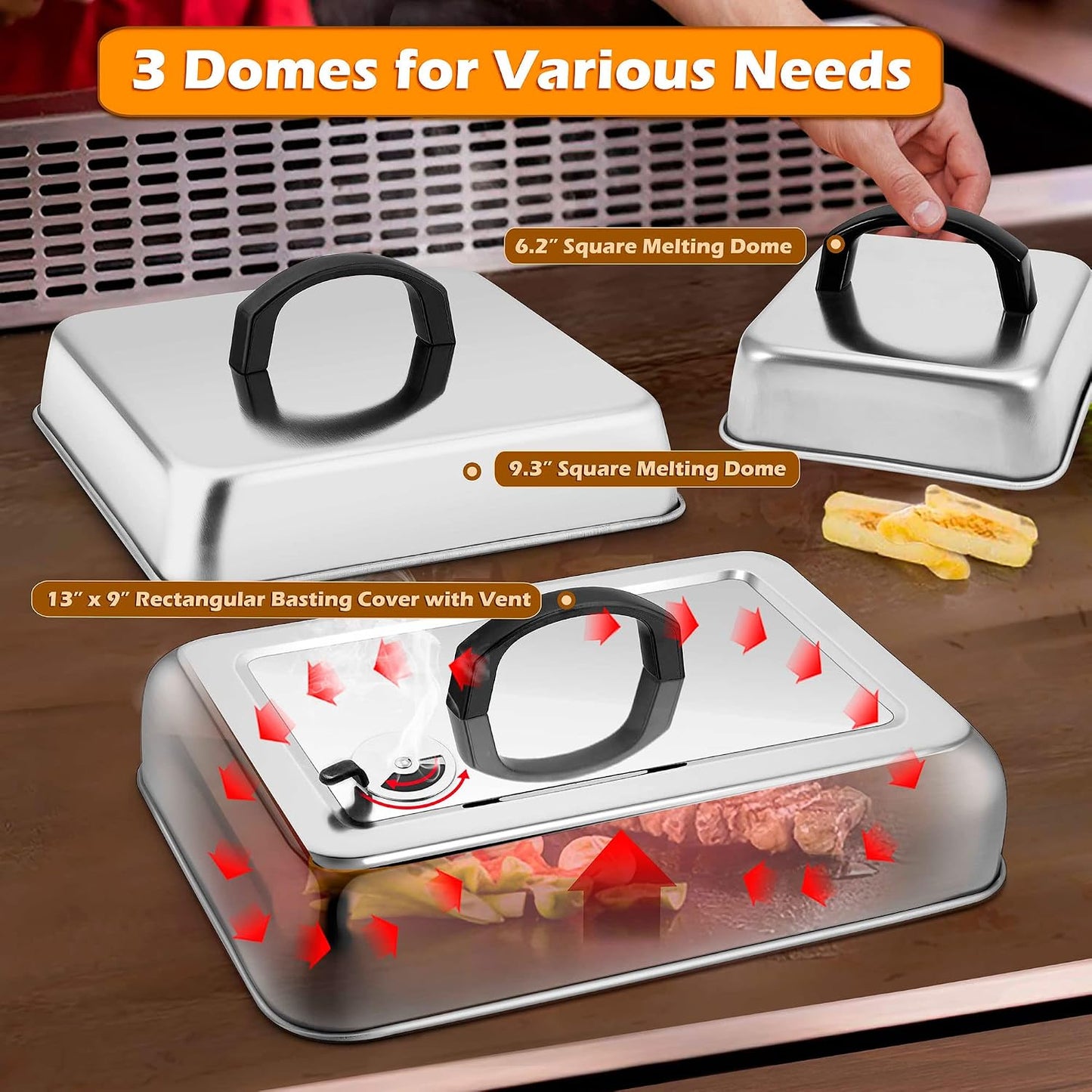 Set 3 Cúpulas Acero Inox Ventilación Ajustable para Parrilla