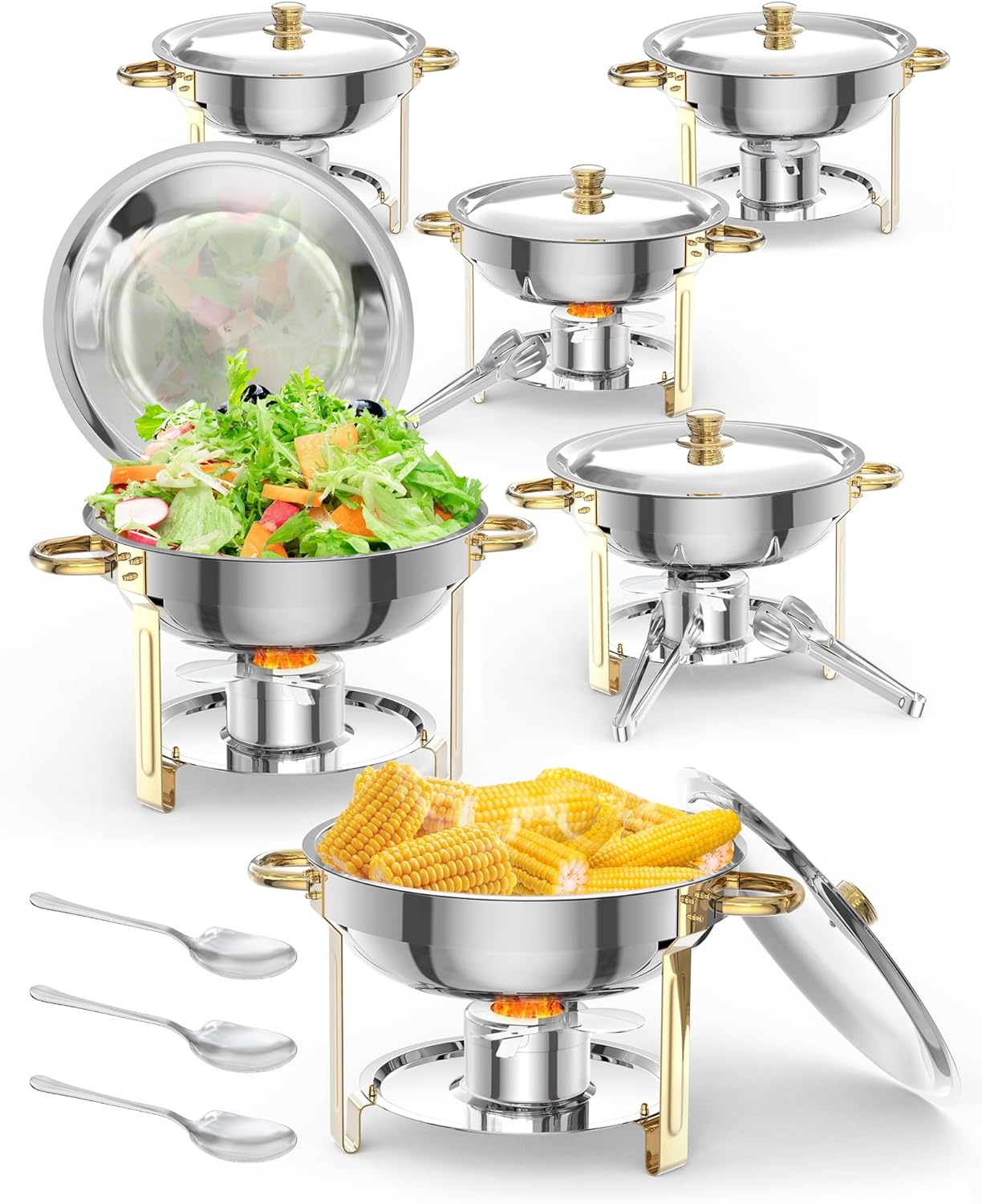 Set 6 Chafer Acero Inox 5qt con Cubiertos y Soporte Oro
