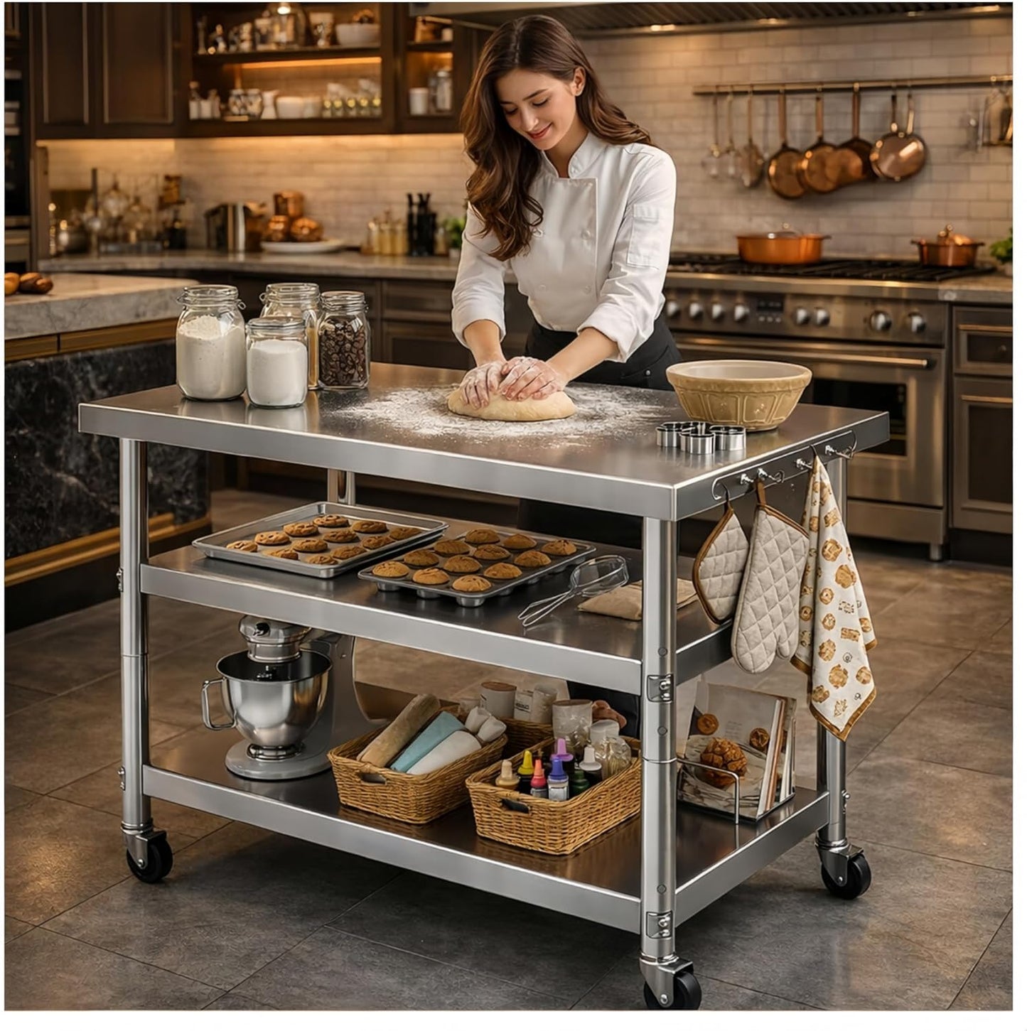 Mesa Acero Inox Ruedas Banco Trabajo Comercial 2-3 Capas