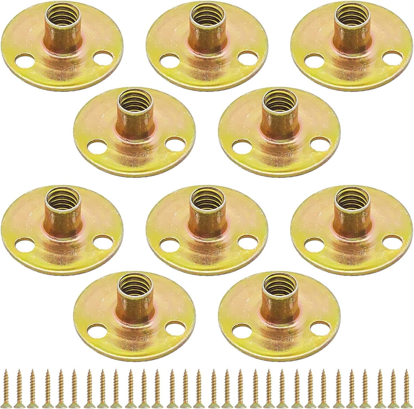 10 Tuercas T Base Redonda 1/4"-25 Orificio Clavo Muebles