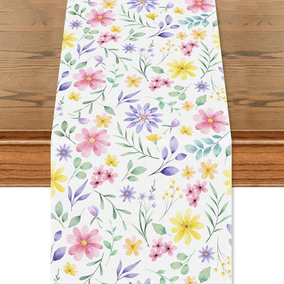 Camino mesa primavera flores acuarela 13x72pulg lino natural